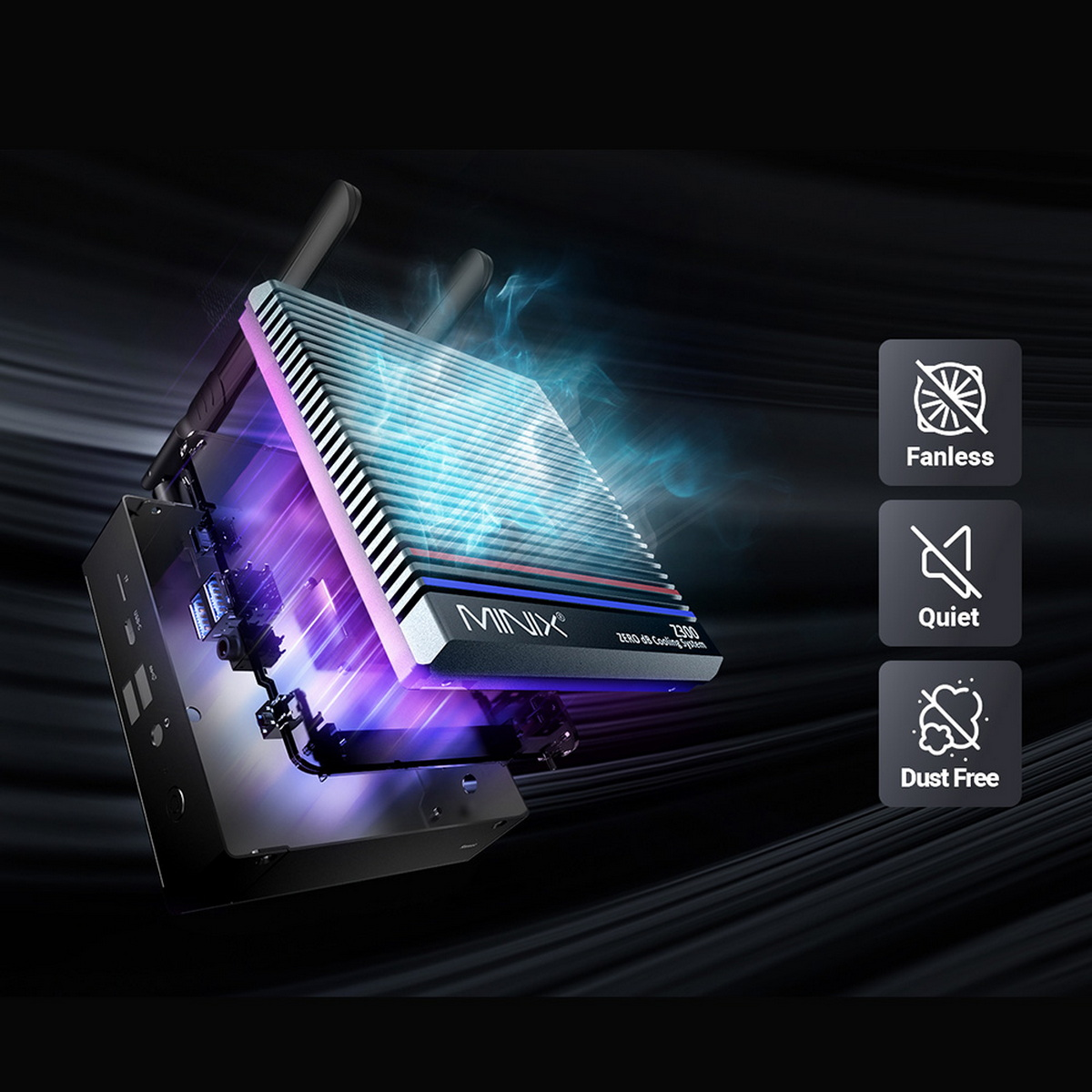 Mini PC z systemem chłodzenia, pokazujący funkcje bez wentylatora, ciche i wolne od kurzu.