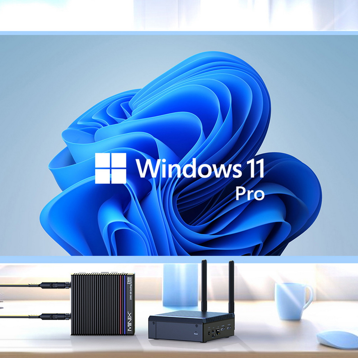 Czarny mini komputer i router na biurku, z logo Windows 11 Pro na ekranie.