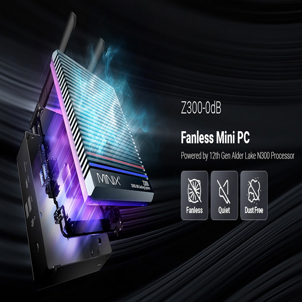 Czarny, bezwentylatorowy mini PC z podświetlanym wnętrzem. Wyświetla etykiety MINIX i Z300-0dB.
