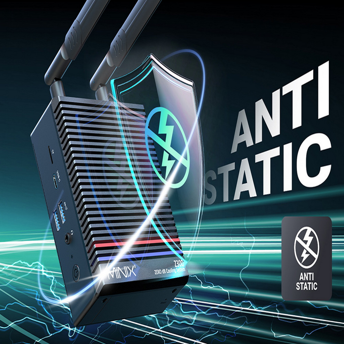 Czarne urządzenie z antenami i osłoną ochronną, oznaczone jako Anti Static i MINIX.