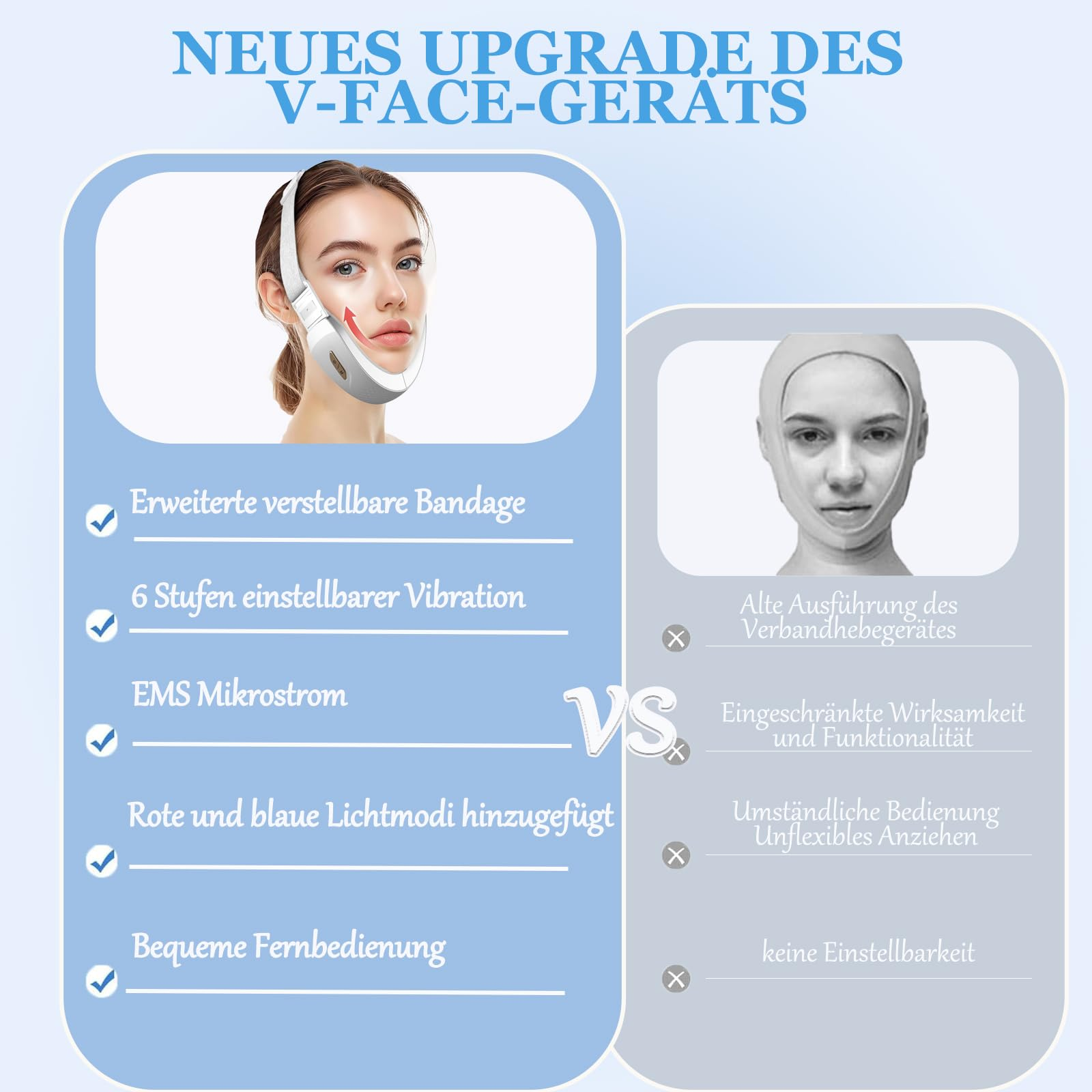 Ein Gesichtsgerät mit einem Frauenbild. Es ist weiß und grau. Textvergleich zeigt