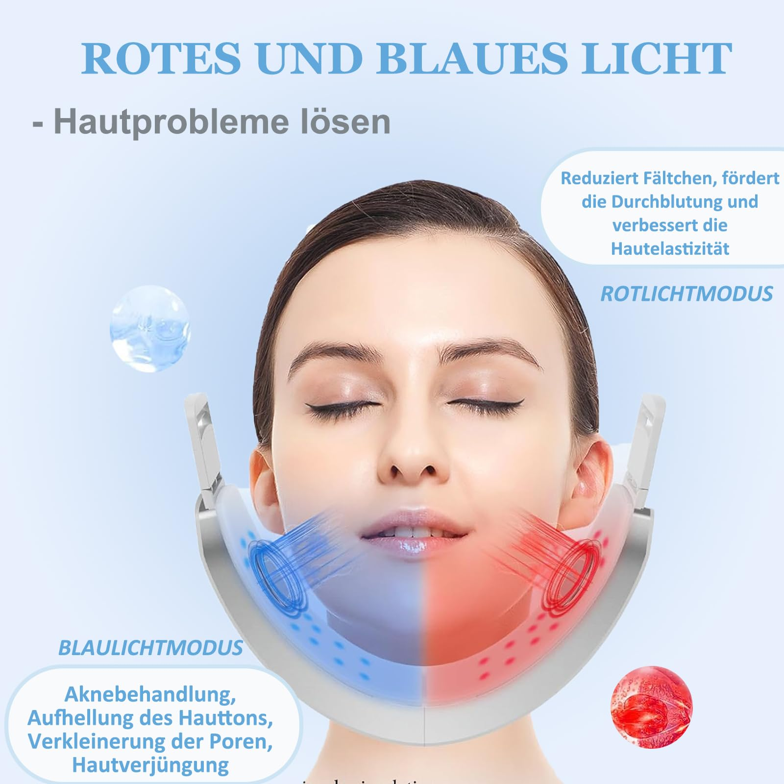 Frau, die ein Gesichtsgerät trägt. Blaue und rote Lichter sind im Gesicht zu sehen, mit Text zur Hautpflege.