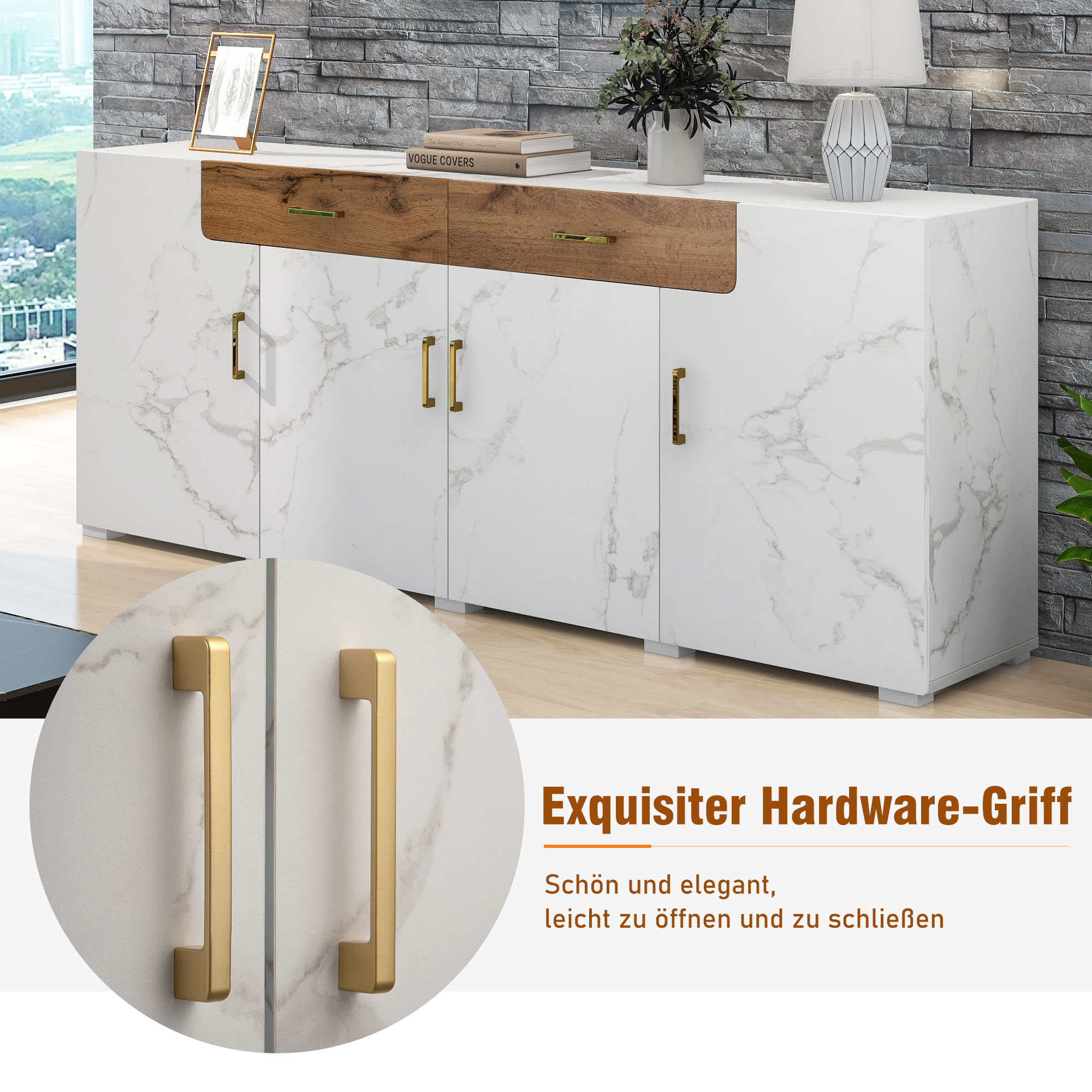 Weißes Sideboard mit Marmoreffekt, Holzschubladen, goldenen Griffen und Dekorelementen. Modernes Design.