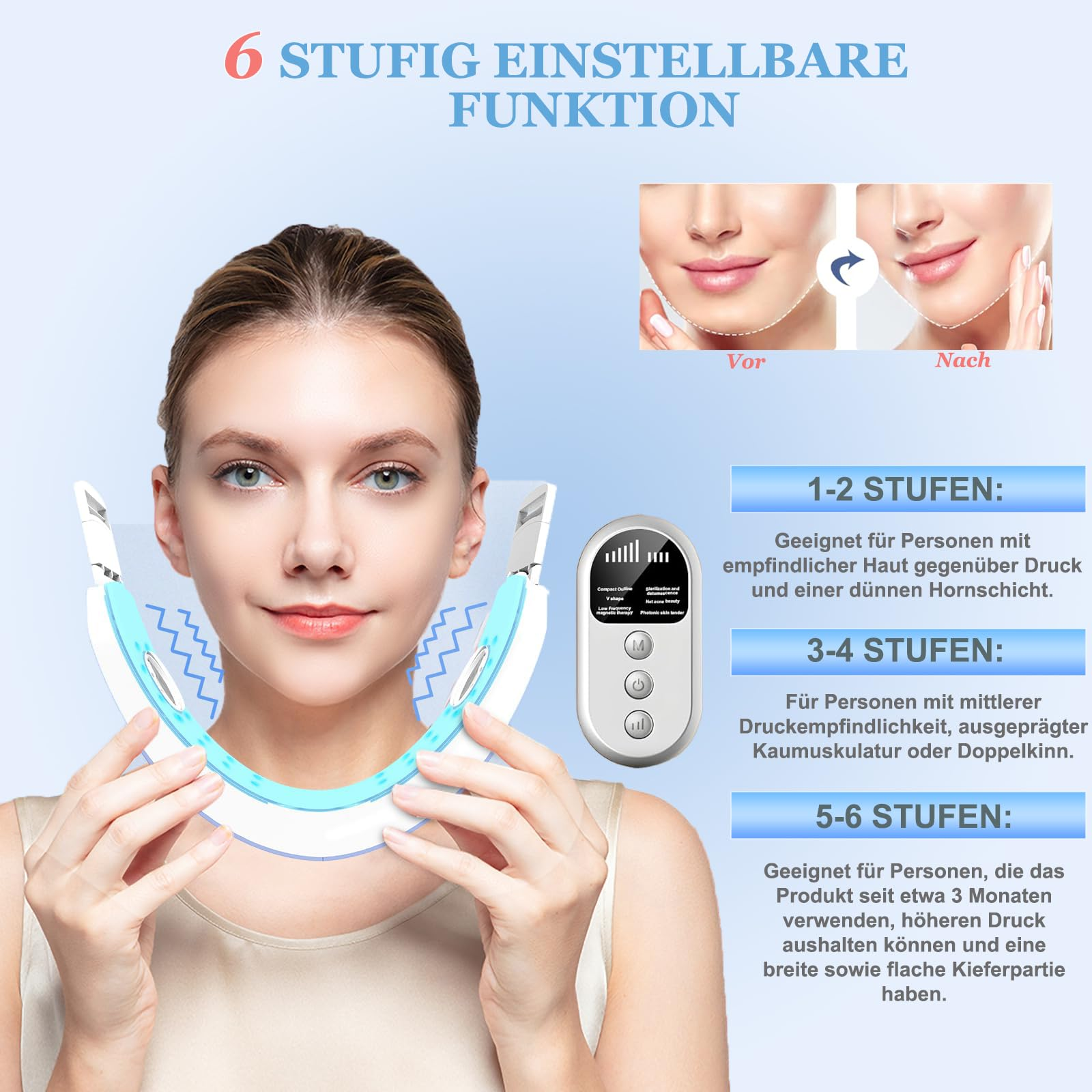 Frau, die ein Gesichtsgerät benutzt, und Vorher/Nachher-Bilder, die Hautstraffung zeigen.