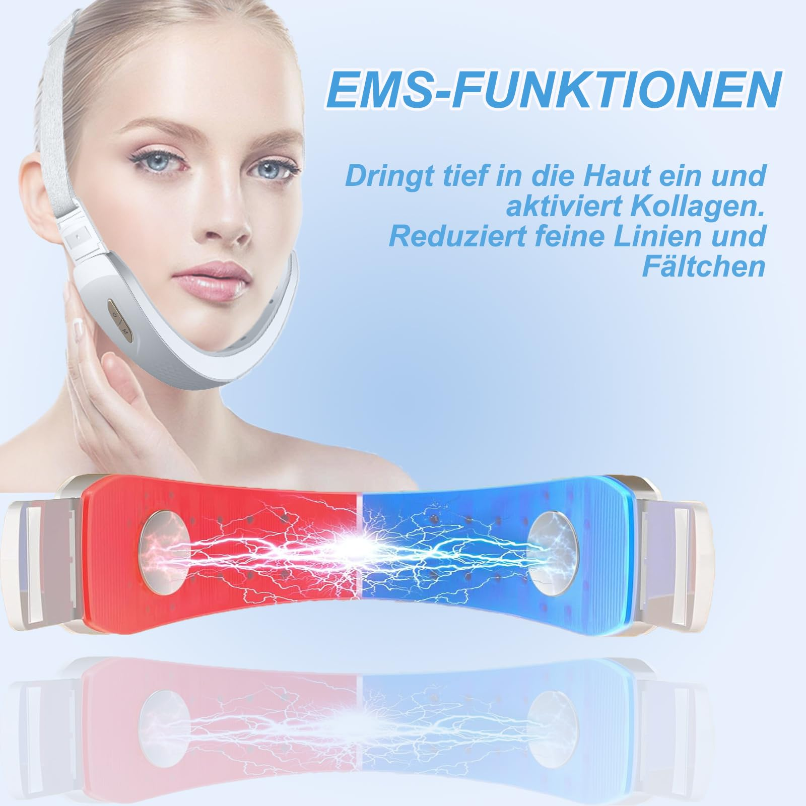 Frau mit Gesichtsgerät und Text. Gerät hat rot/blaue Lichter.
