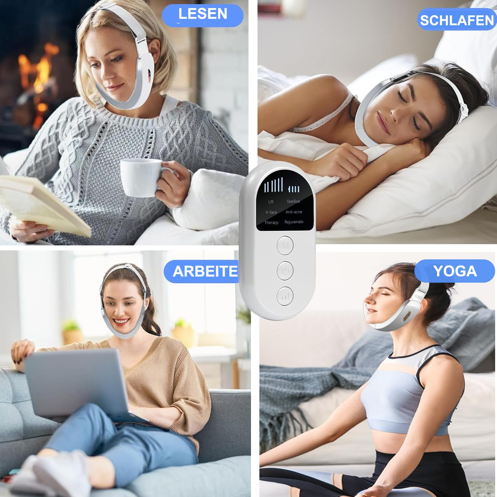 Vier Bilder einer Frau, die ein Gesichtsgerät trägt, während sie liest, schläft, arbeitet und Yoga macht.