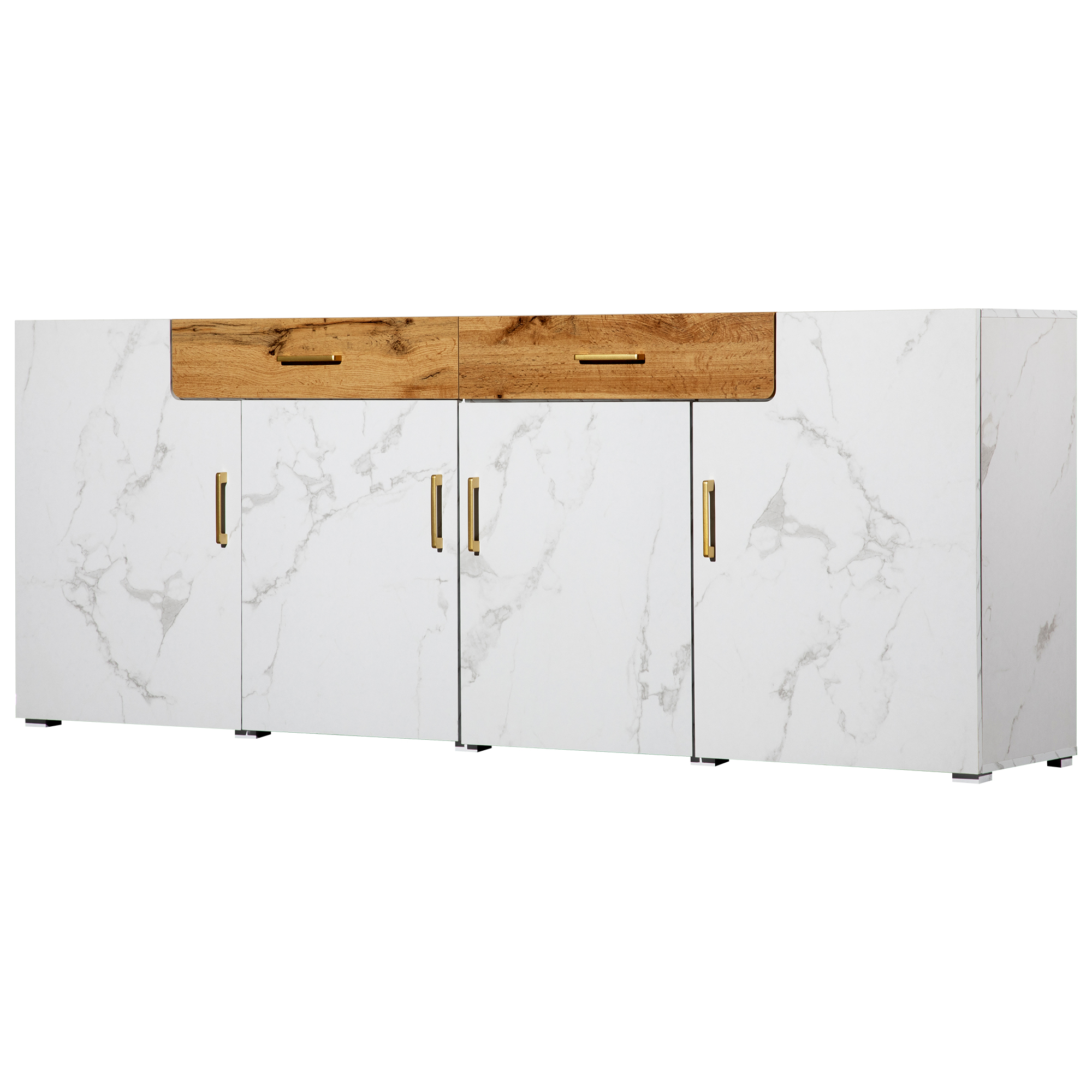 Weißes Sideboard in Marmoroptik mit Holz-Oberschubladen und goldenen Griffen, vier Türen geschlossen.