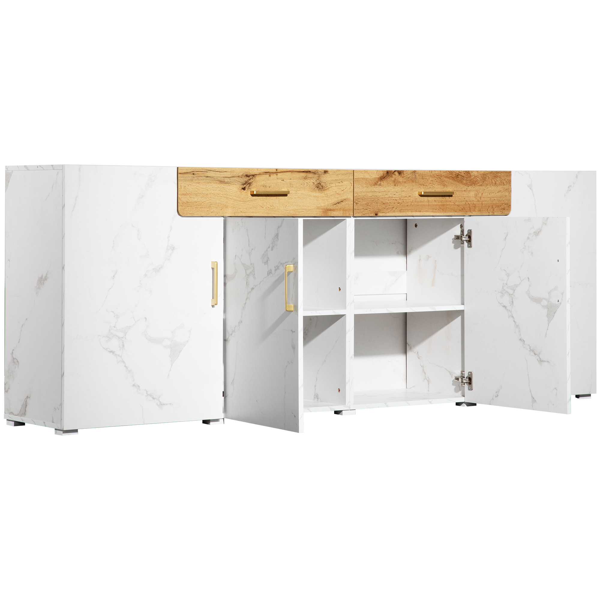 Weißes Sideboard in Marmoroptik mit Holz-Oberschubladen und goldenen Griffen, zwei Türen offen mit Regalen.