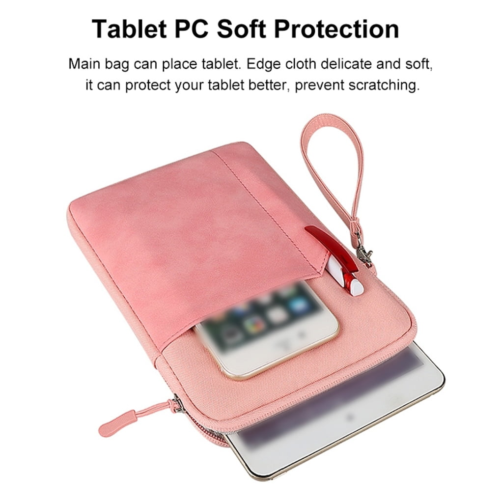 Rosa Tablettasche mit Telefon und Tablet im Inneren, Reißverschluss und Griff.