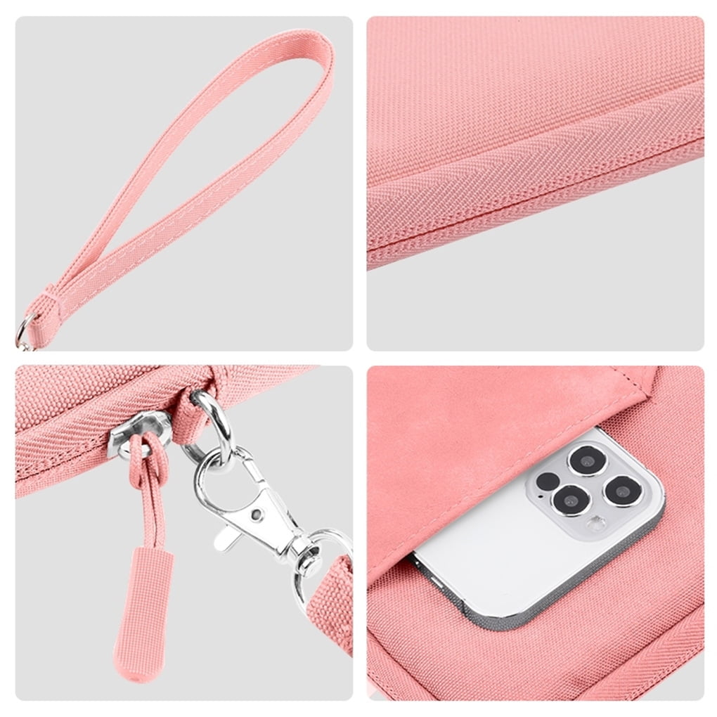 Nahaufnahmen einer rosa Tablettasche, die Details eines Reißverschlusses, Griffs und einer Innentasche zeigen.