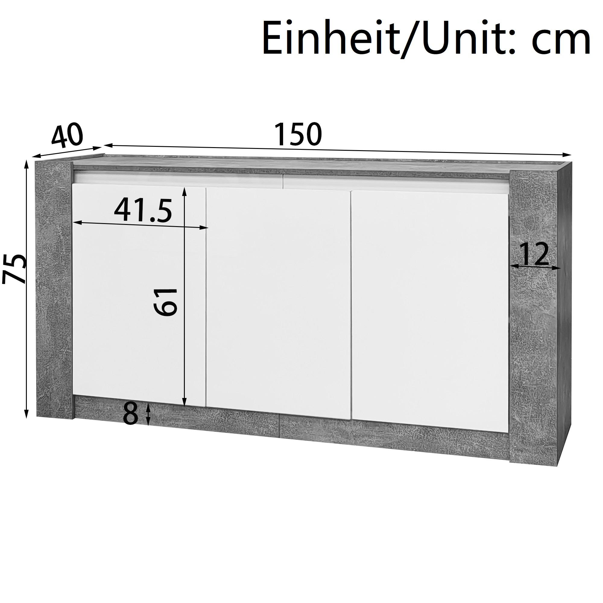 Diagramm mit Abmessungen eines weiß-grauen Schranks. Höhe: 75 cm, Breite: 150 cm, Tiefe: 40 cm.