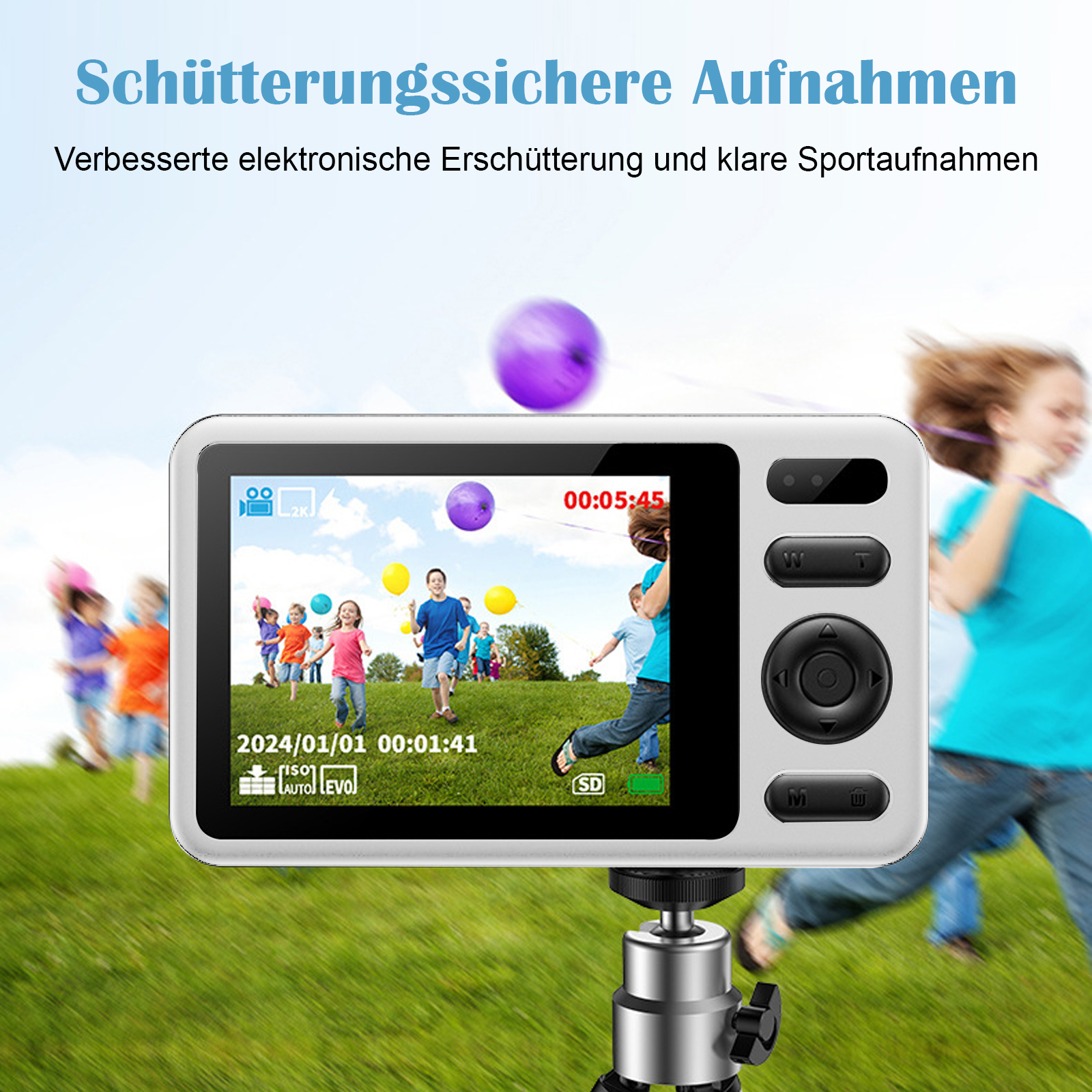 Eine Digitalkamera, die spielende Kinder mit Luftballons zeigt. Die Kamera steht auf einem Stativ.