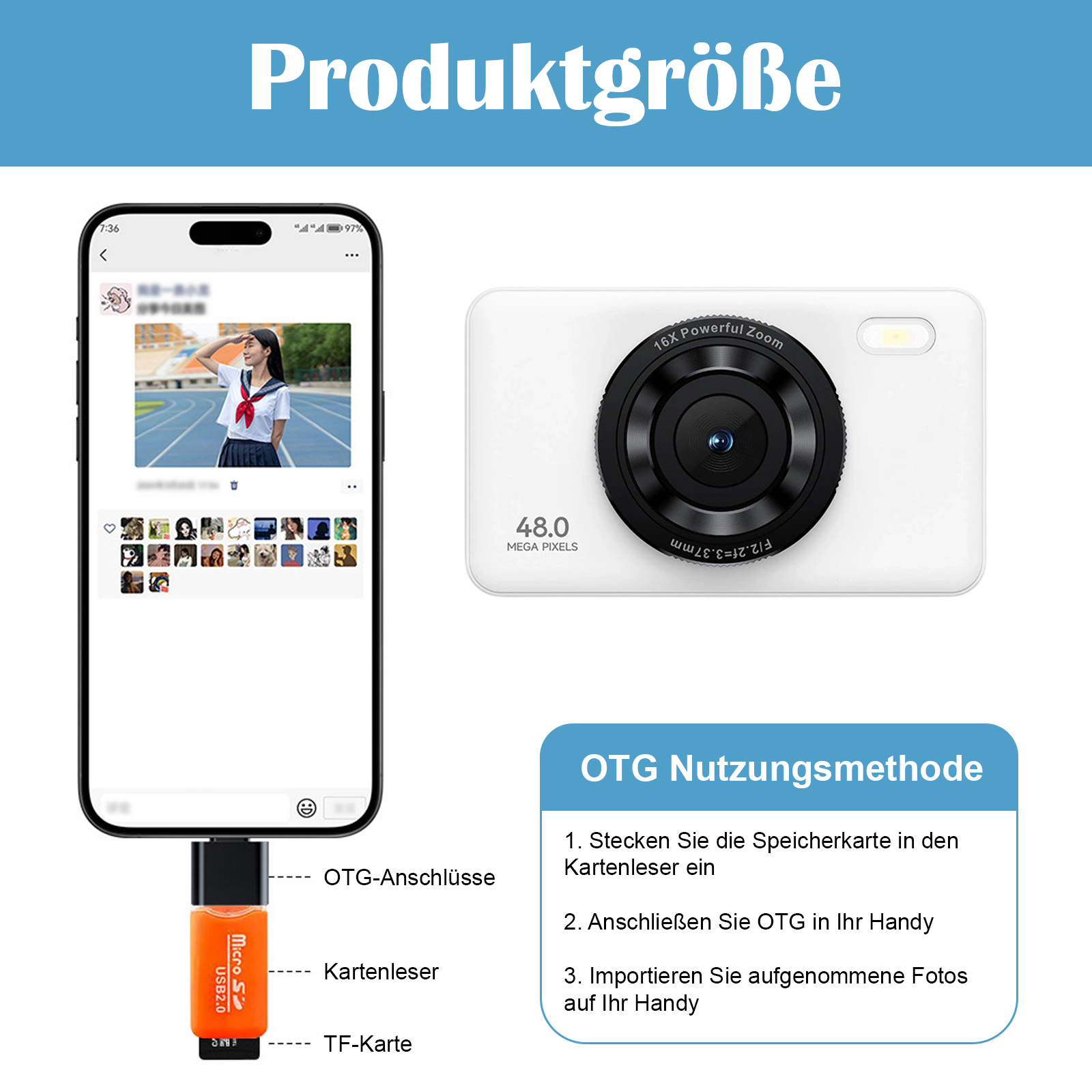 Smartphone, der mit einem Kartenleser verbunden ist und ein Foto auf dem Bildschirm anzeigt.