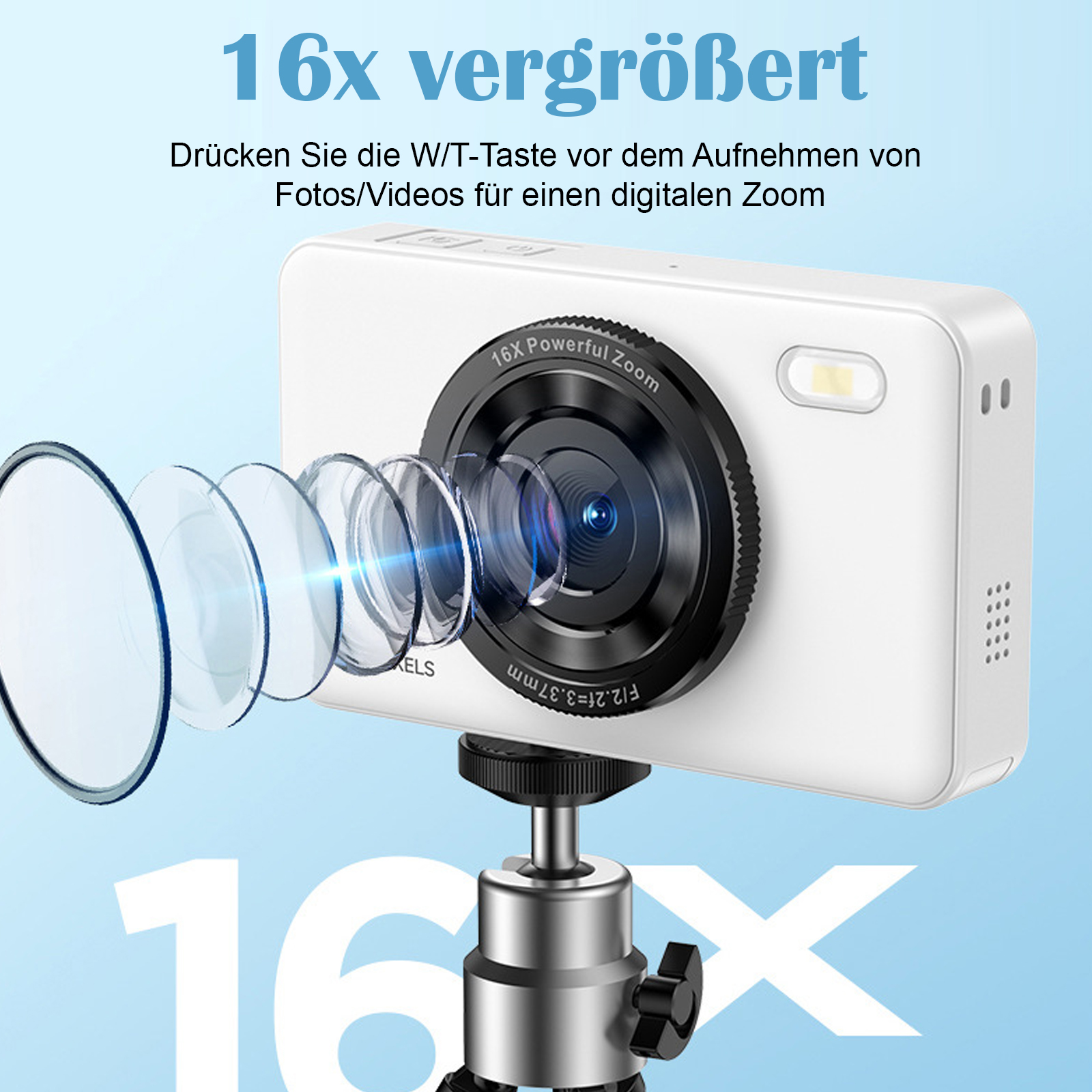 Weiße Kamera mit Zoomobjektiv und Stativ, Text auf Deutsch, blauer Hintergrund.