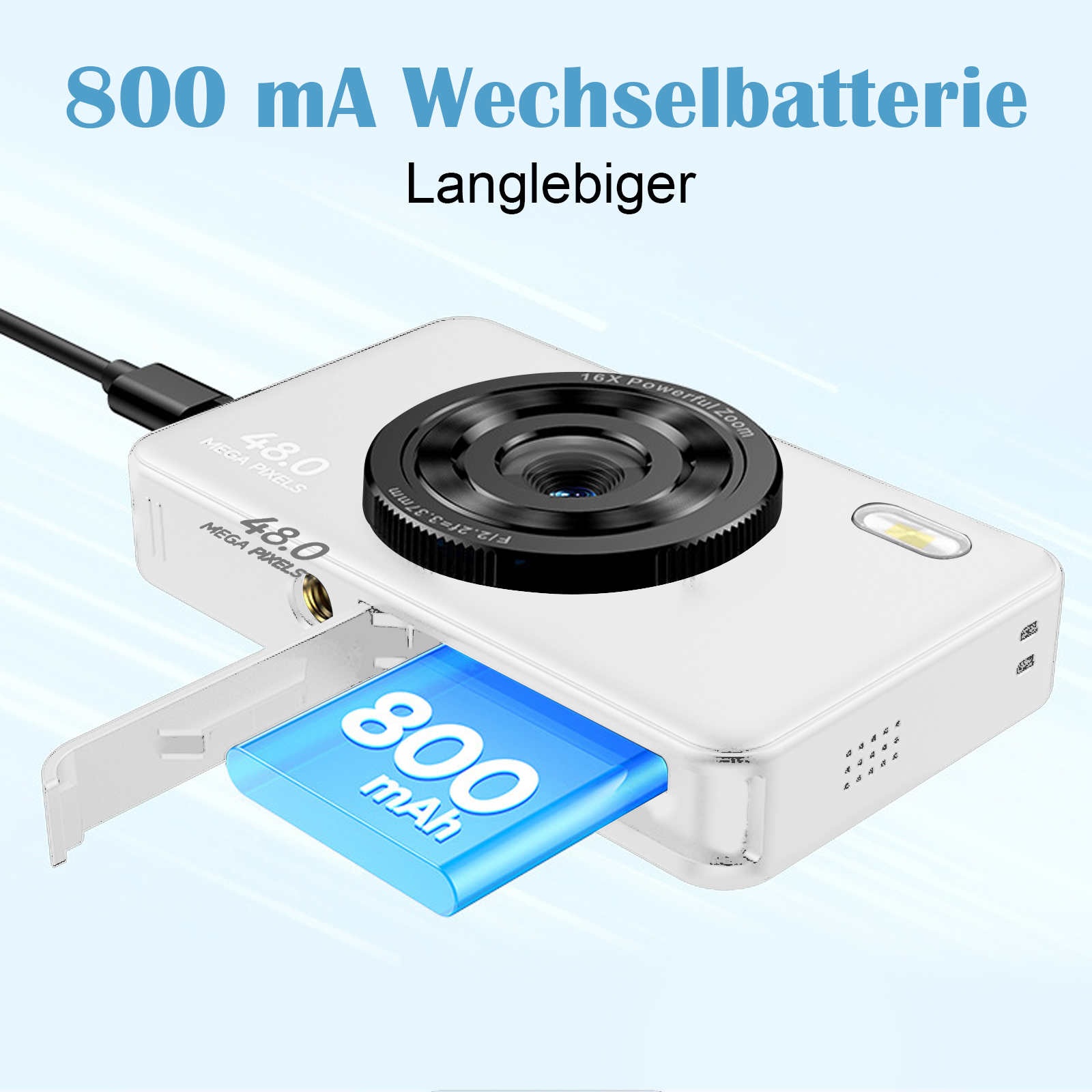 Weiße Kamera mit offenem Batteriefach. Der Akku ist blau mit '800 mAh'.