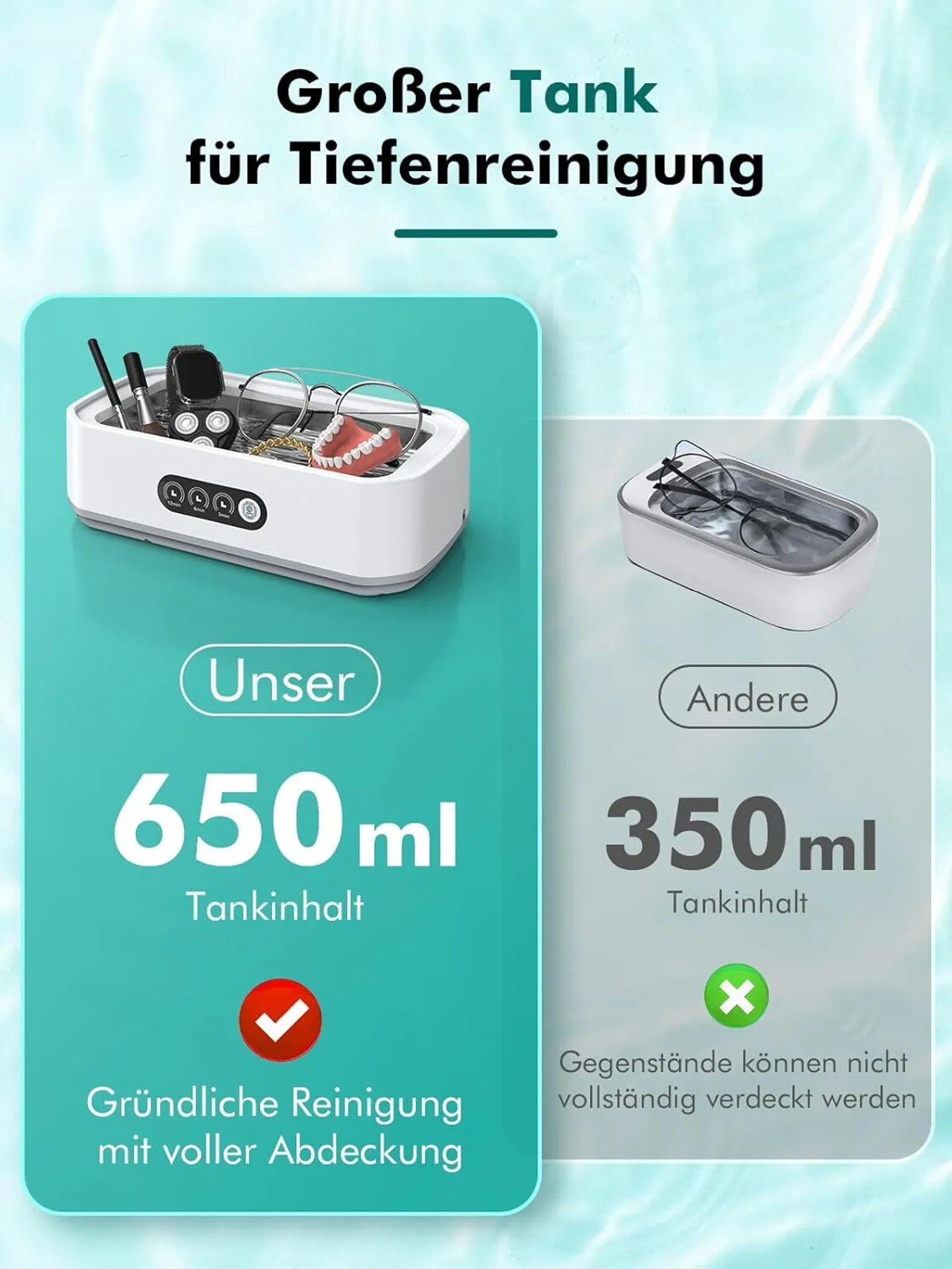 Ein Ultraschallreiniger mit Gegenständen darin, der seine Kapazität mit einer anderen vergleicht.