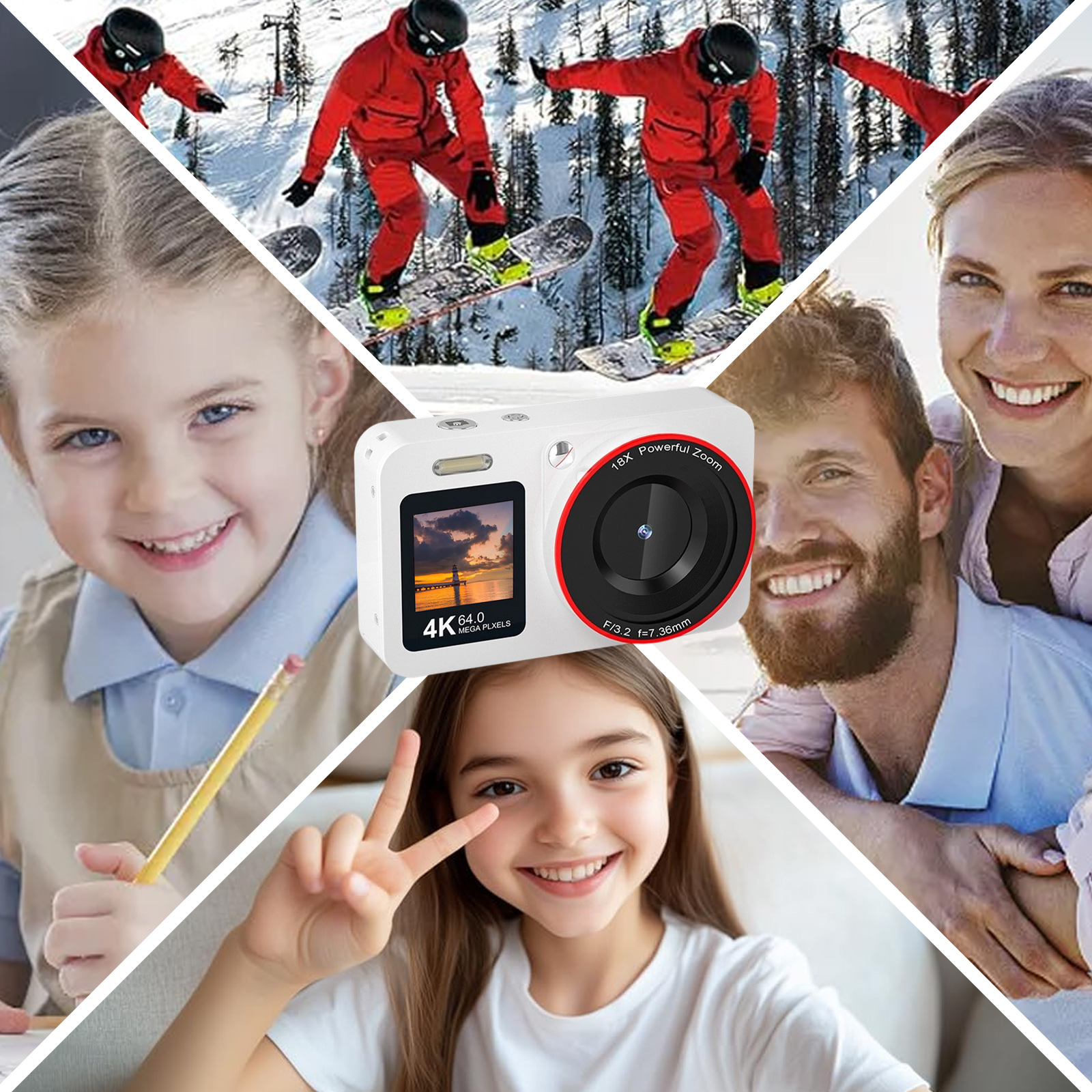 Kamera mit einer Collage von Bildern, darunter Kinder, ein Snowboarder.