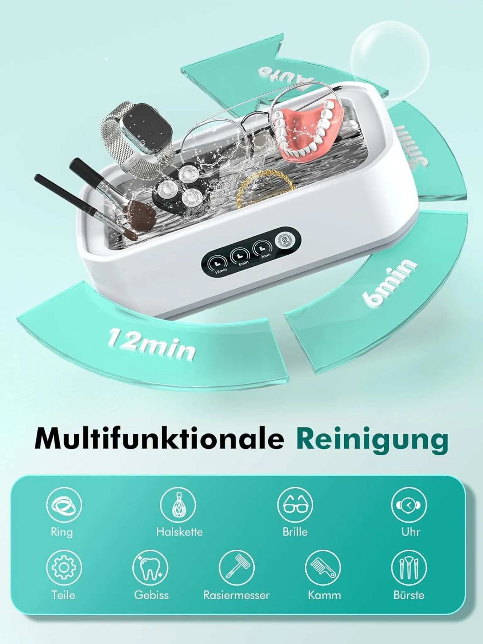Gegenstände wie Brillen, Uhr, Zahnersatz werden in einer Maschine gereinigt.