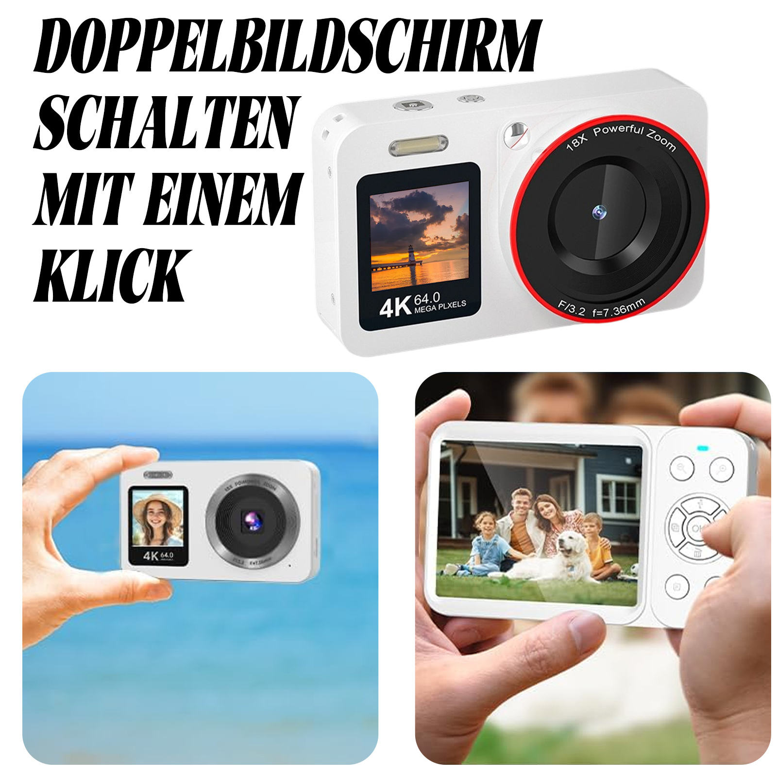Kamera mit Bildschirm, der eine Familie und Strandszenen zeigt. Text: „Doppelbildschirm mit einem Klick umschalten“.