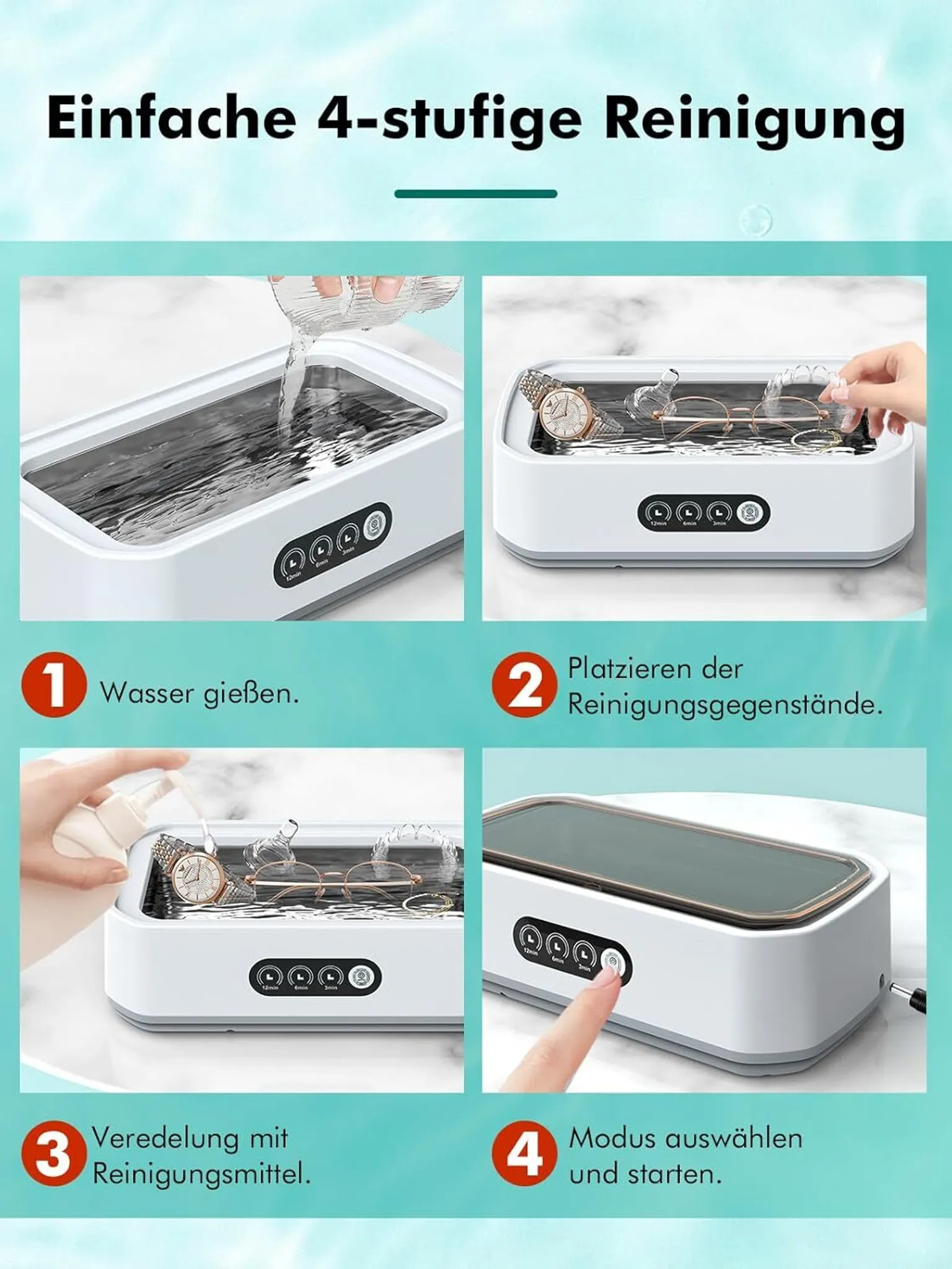 Schritte der Ultraschallreinigungsmaschine.