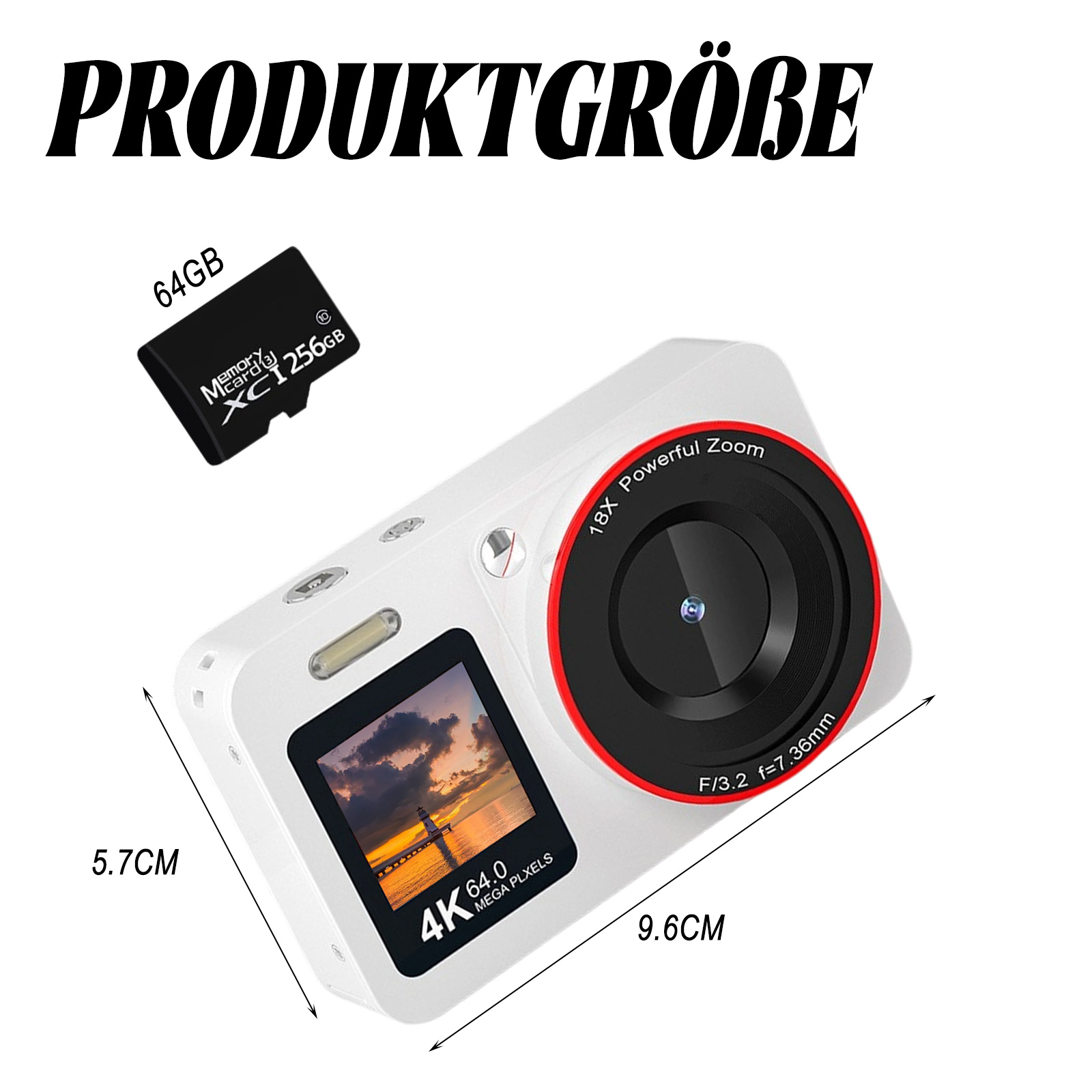 Kamera mit Abmessungen und einer Speicherkarte.