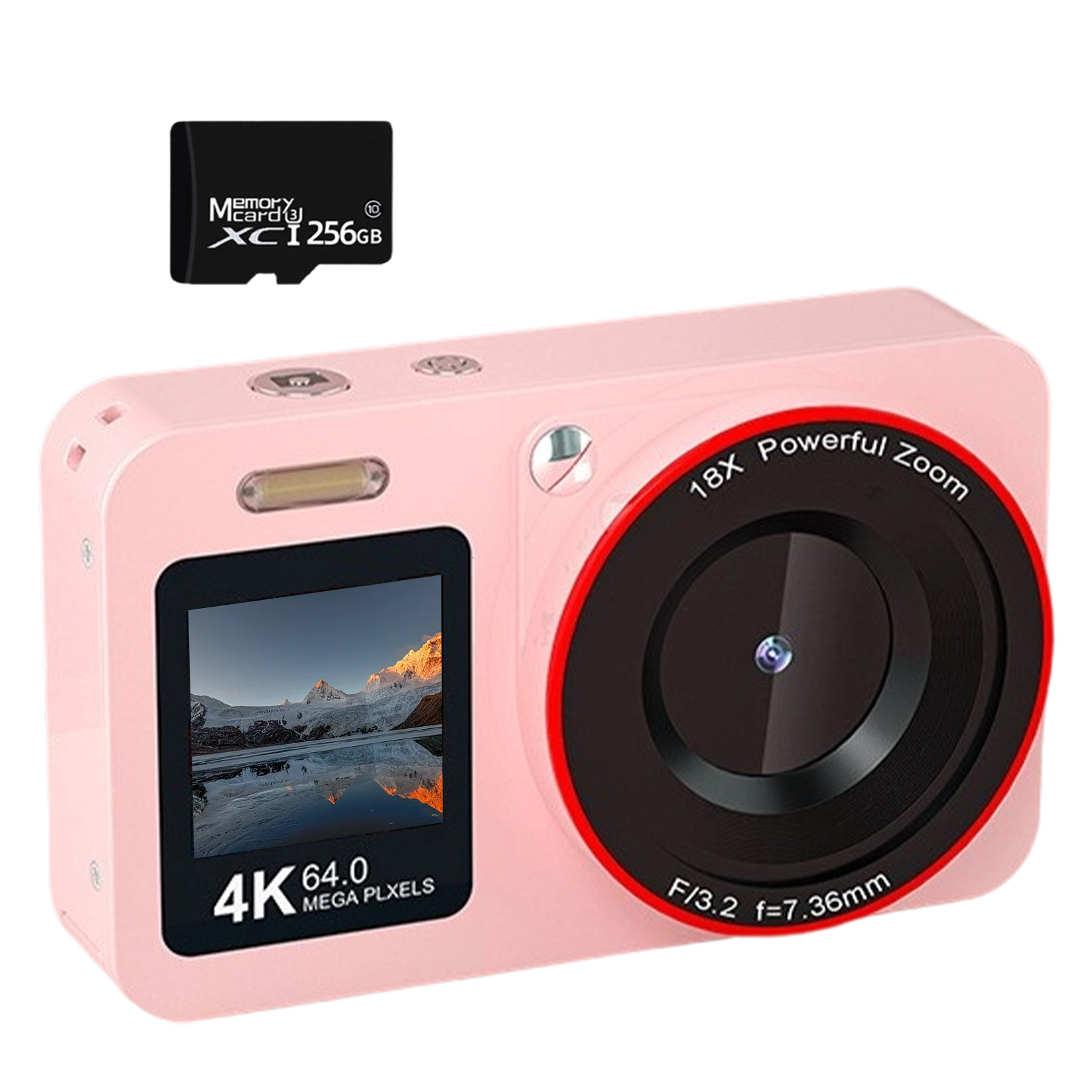 Eine rosa Kamera mit Bildschirm und Speicherkarte. Die Kamera steht auf einer weißen Oberfläche. Der Hintergrund ist leer.