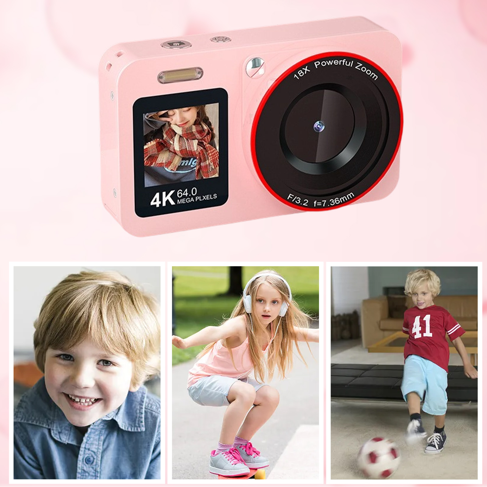 Rosa Kamera mit Kinderbildern und einem Fußball spielenden Jungen. Zeigt den Bildschirm und die Funktionen der Kamera.