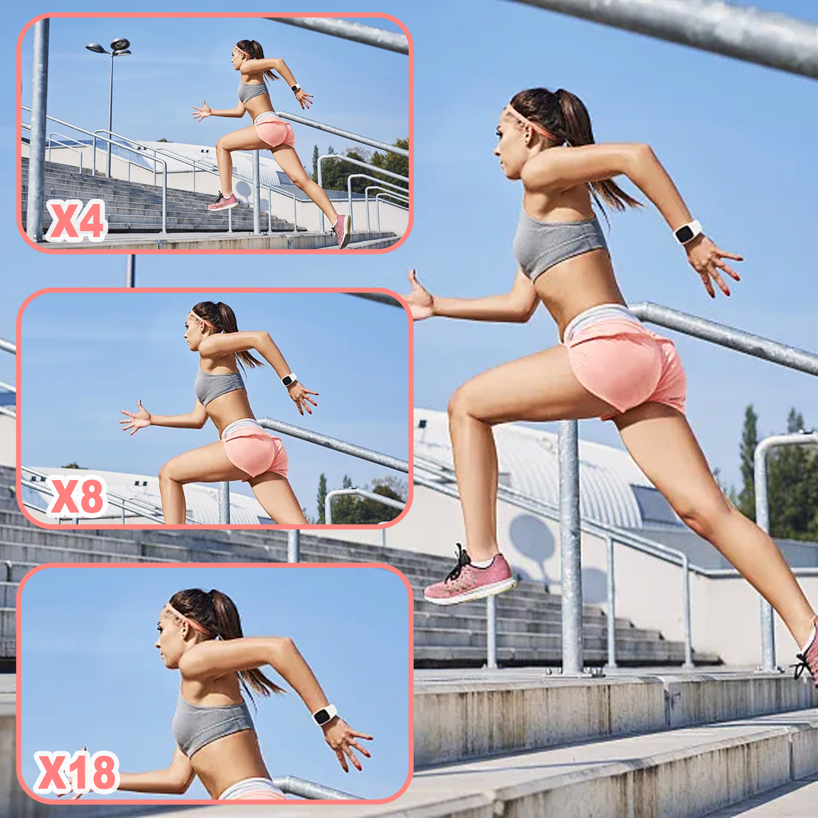 Eine Frau rennt auf Treppen. Es gibt 3 eingesetzte Bilder, die sie auf verschiedenen Zoomstufen zeigen.