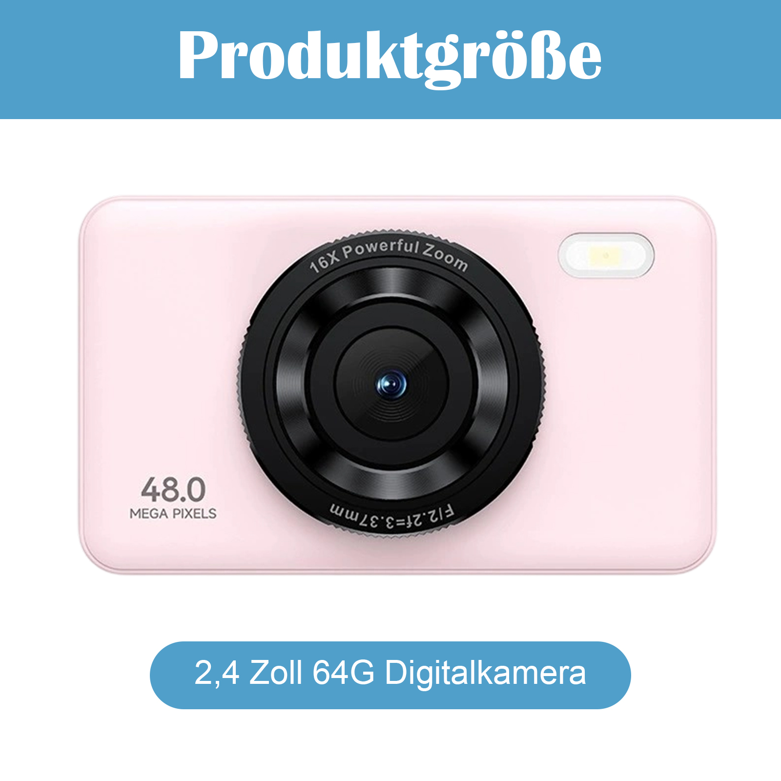 Eine rosa Kamera mit einem schwarzen Objektiv wird gezeigt. Der Text lautet Produktgröße und 2,4 Zoll 64G Digitalkamera.