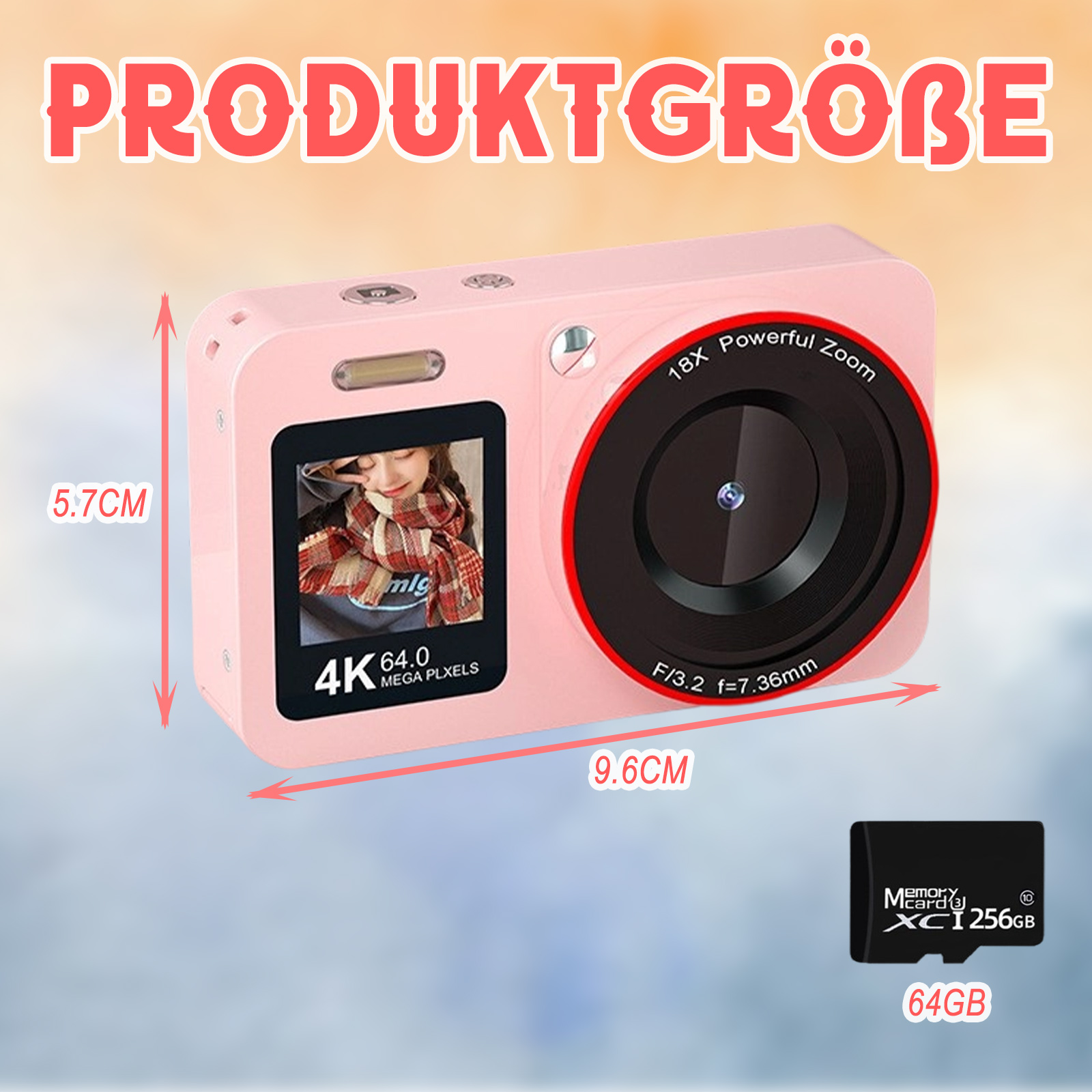 Rosa Kamera mit Maßen. Sie hat ein Objektiv, einen Bildschirm und eine Speicherkarte. Text: 4K 64.0 Megapixel.