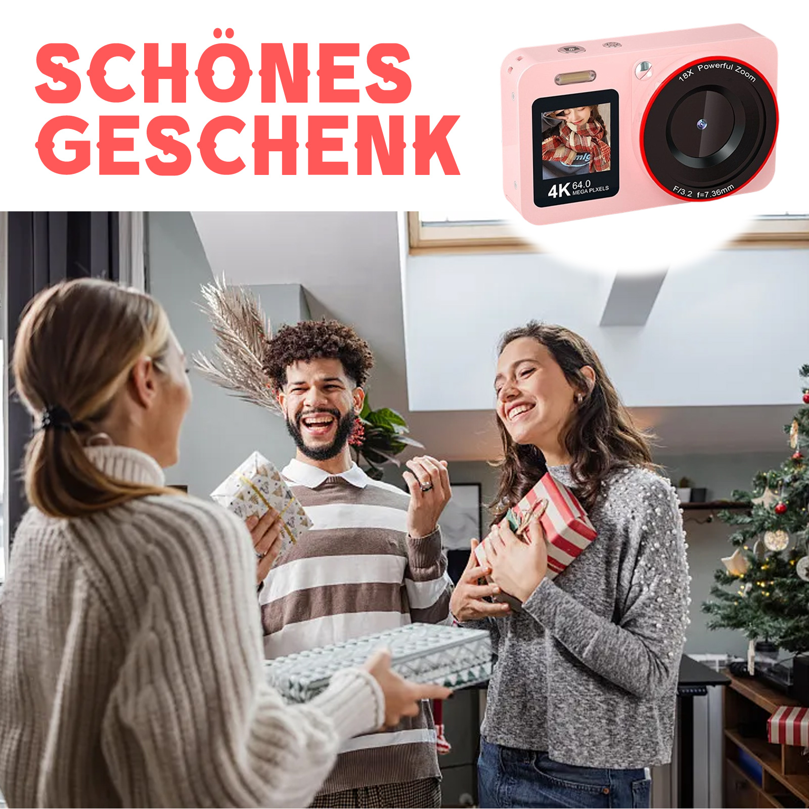 Menschen tauschen Geschenke aus, einer hält eine rosa Kamera. Ein Weihnachtsbaum ist im Hintergrund. Text: Schönes Geschenk.