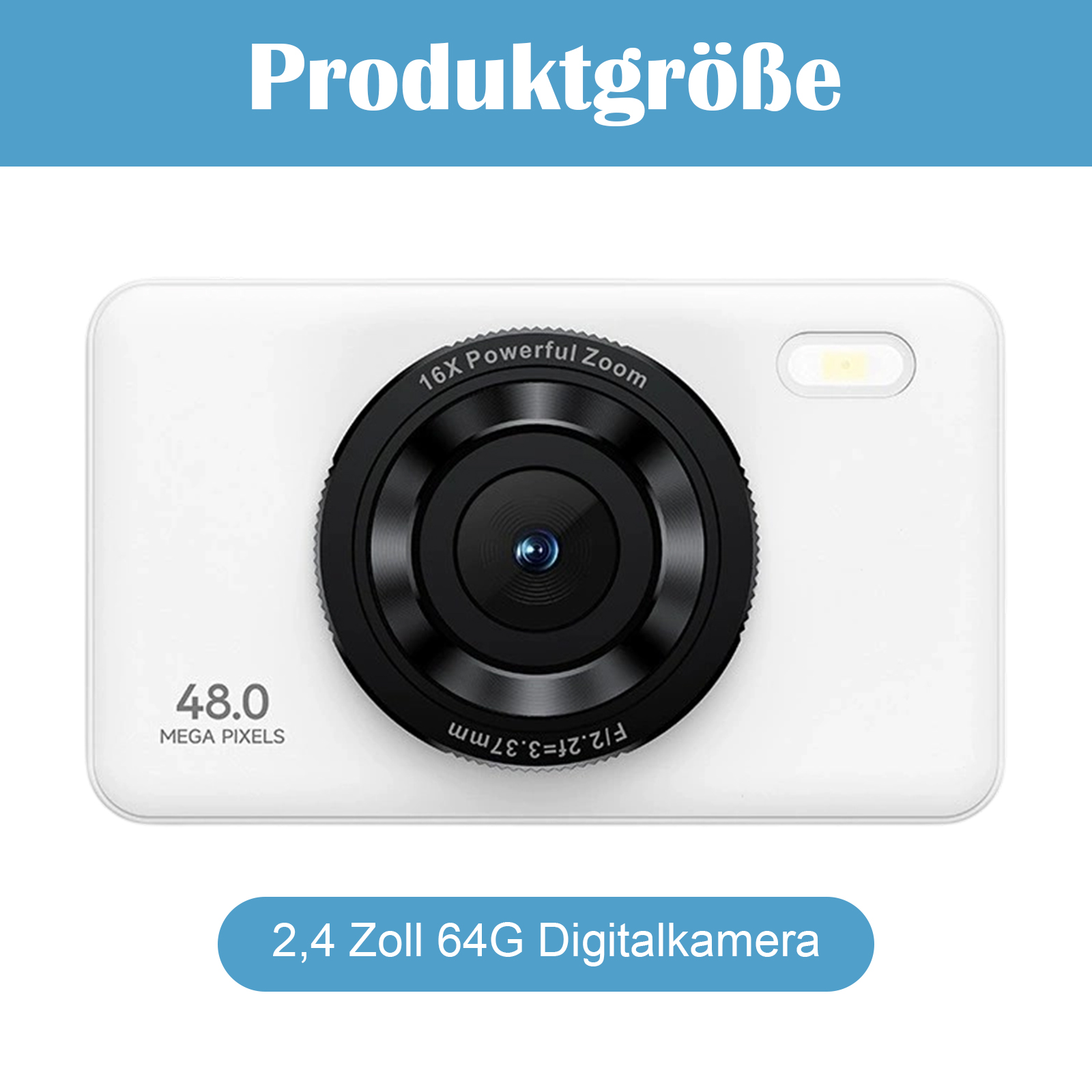Weiße Kamera mit Objektiv. Die Kamera ist schwarzweiß, mit einem Bildschirm, der 48,0 Megapixel anzeigt.