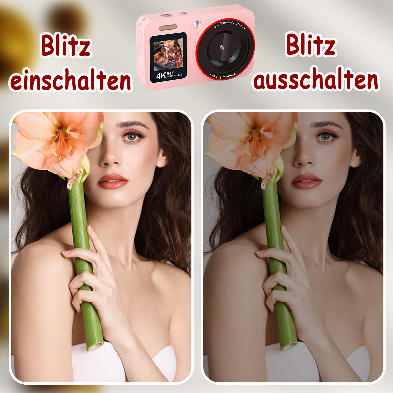 Frau mit Blume, Kamera darüber; Blitz ein/aus Textvergleich.