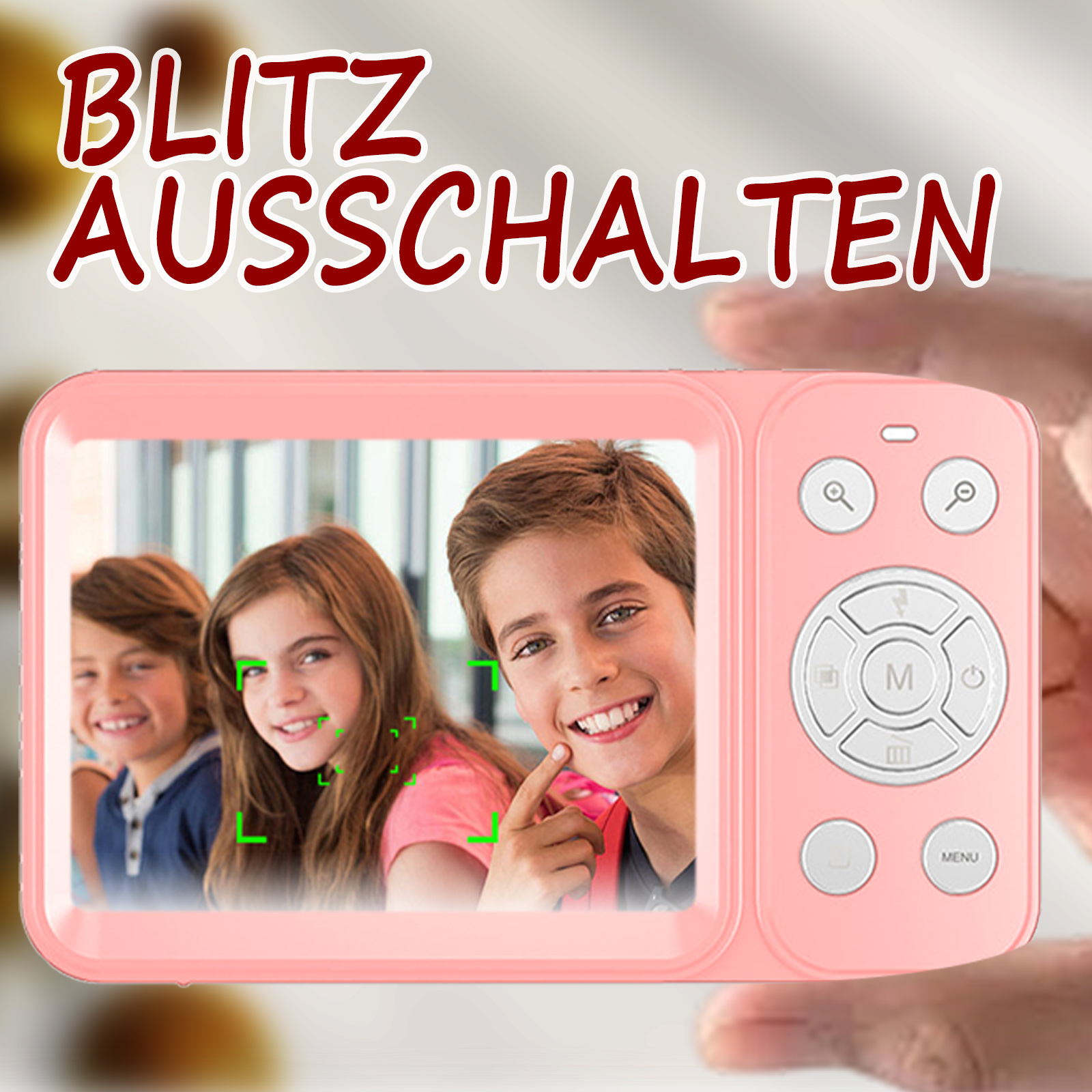Rosa Kamera mit drei lächelnden Kindern auf dem Bildschirm und dem Text 'Blitz ausschalten'.