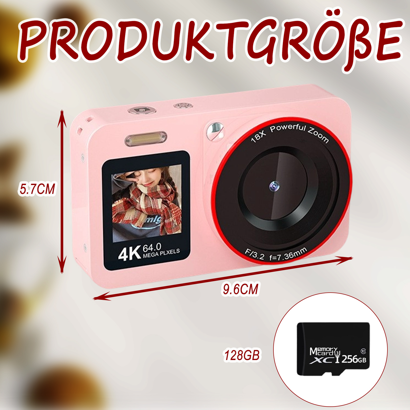 Pinke Kamera mit Abmessungen und SD-Karte vor weißem Hintergrund.