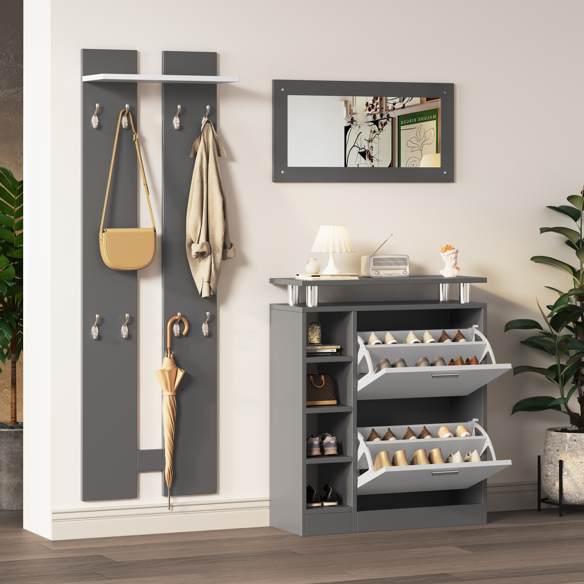 Flurmöbel-Set mit Garderobe, Spiegel und Schuhaufbewahrung. Holzfußboden.