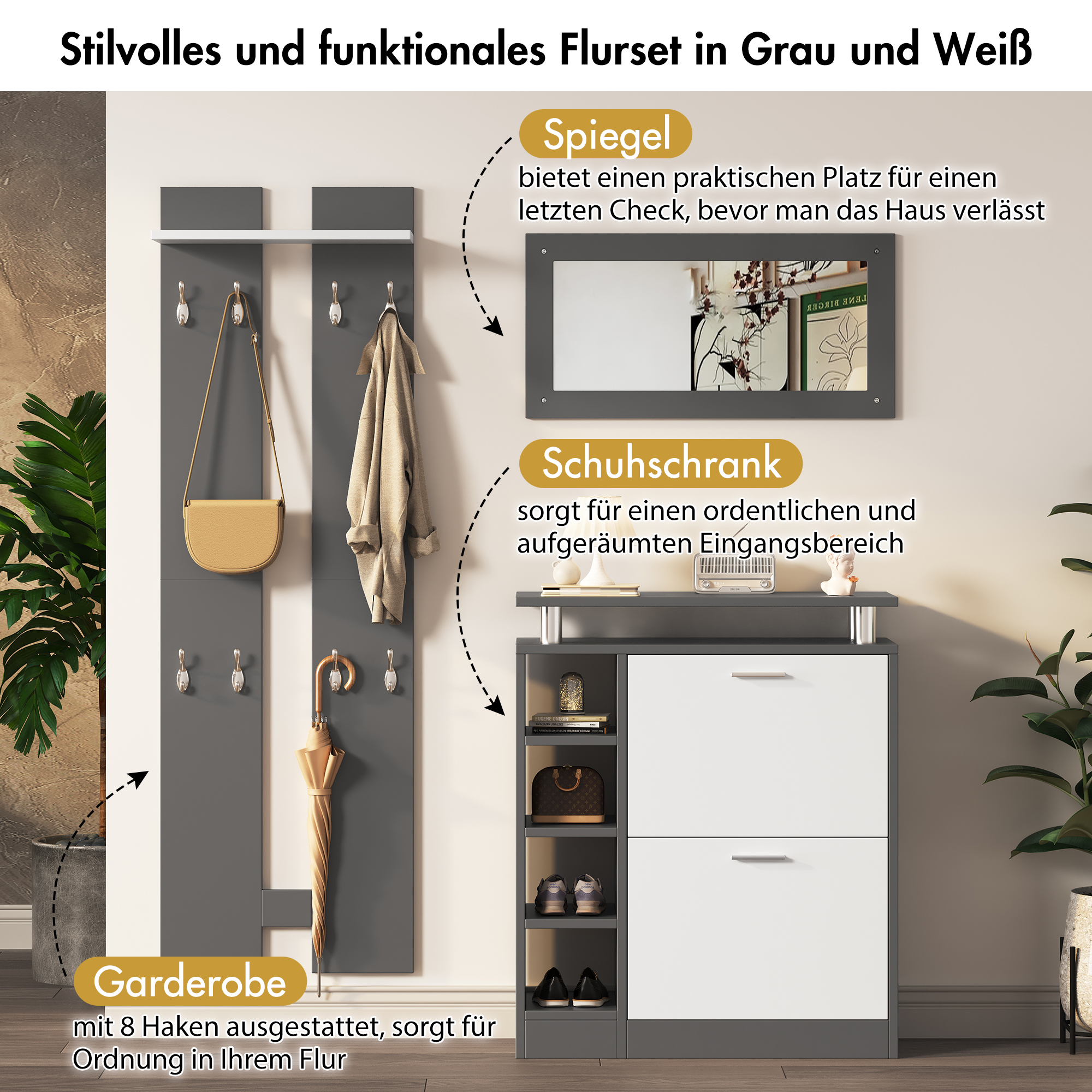 Graues Flur-Set mit Spiegel, Garderobe, Schuhschrank und Pflanze.