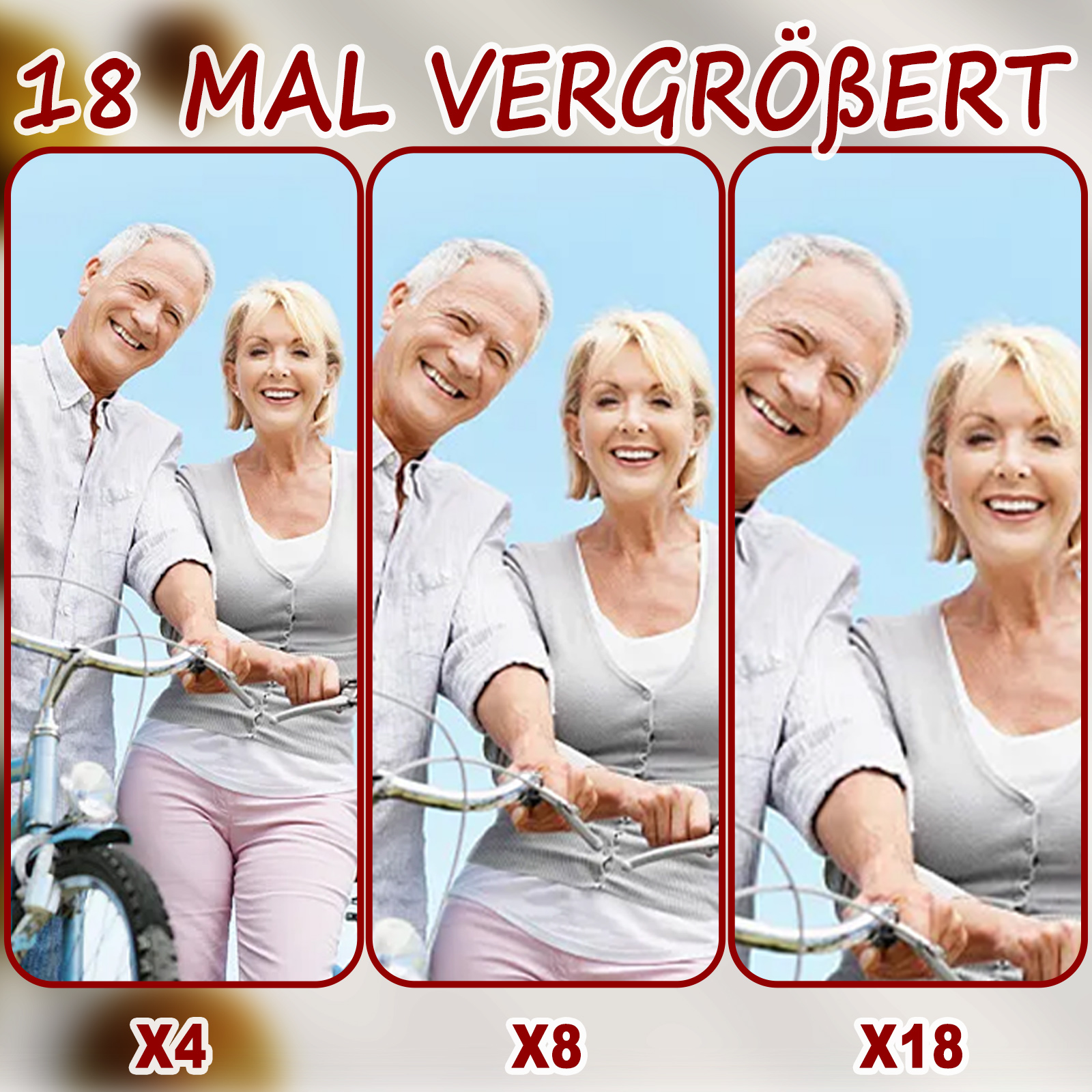 Älteres Ehepaar auf Fahrrädern; gezoomte Aufnahmen; X4, X8 und X18 Ebenen gezeigt.