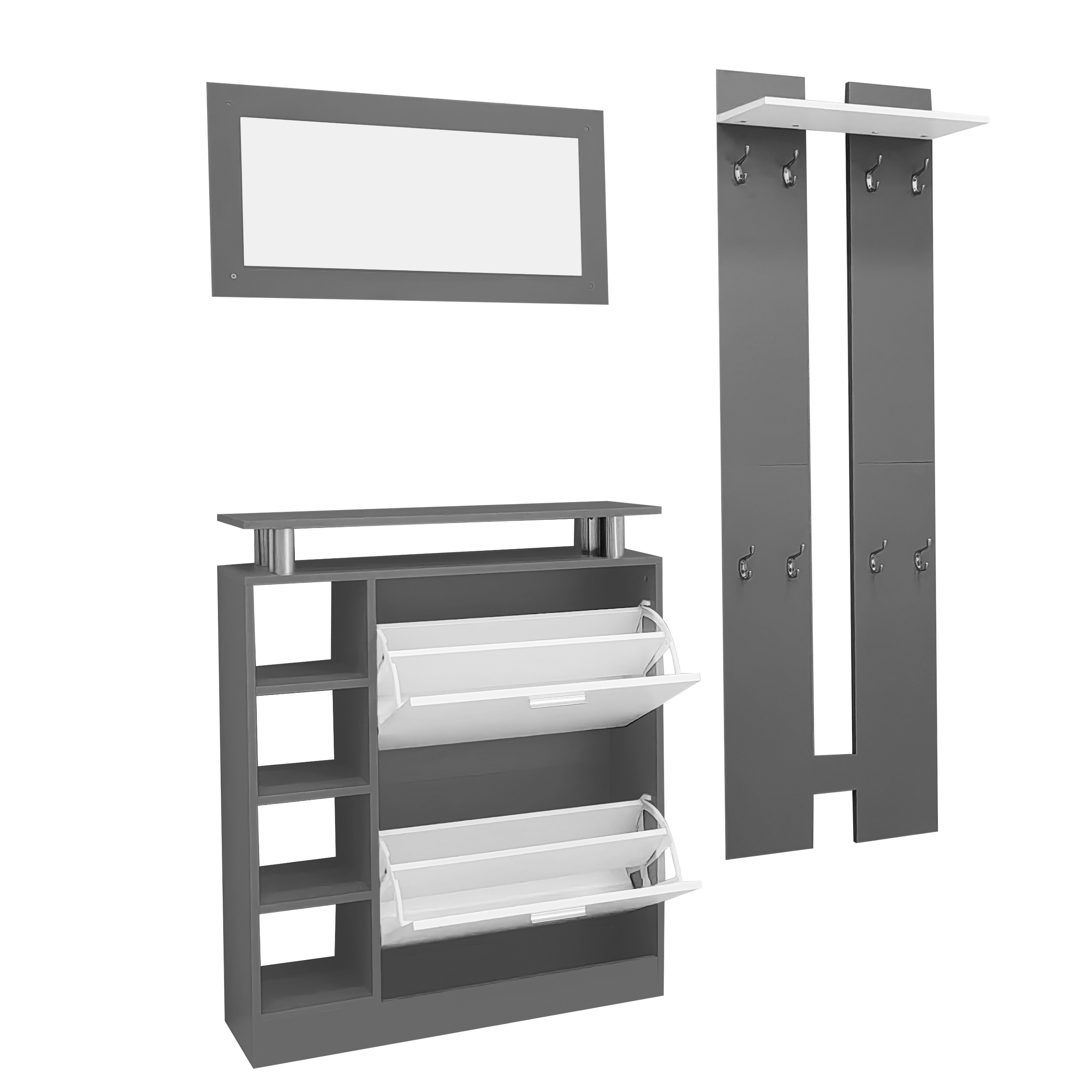 Ein Flur-Set mit Spiegel, Schuhschrank und Garderobe.