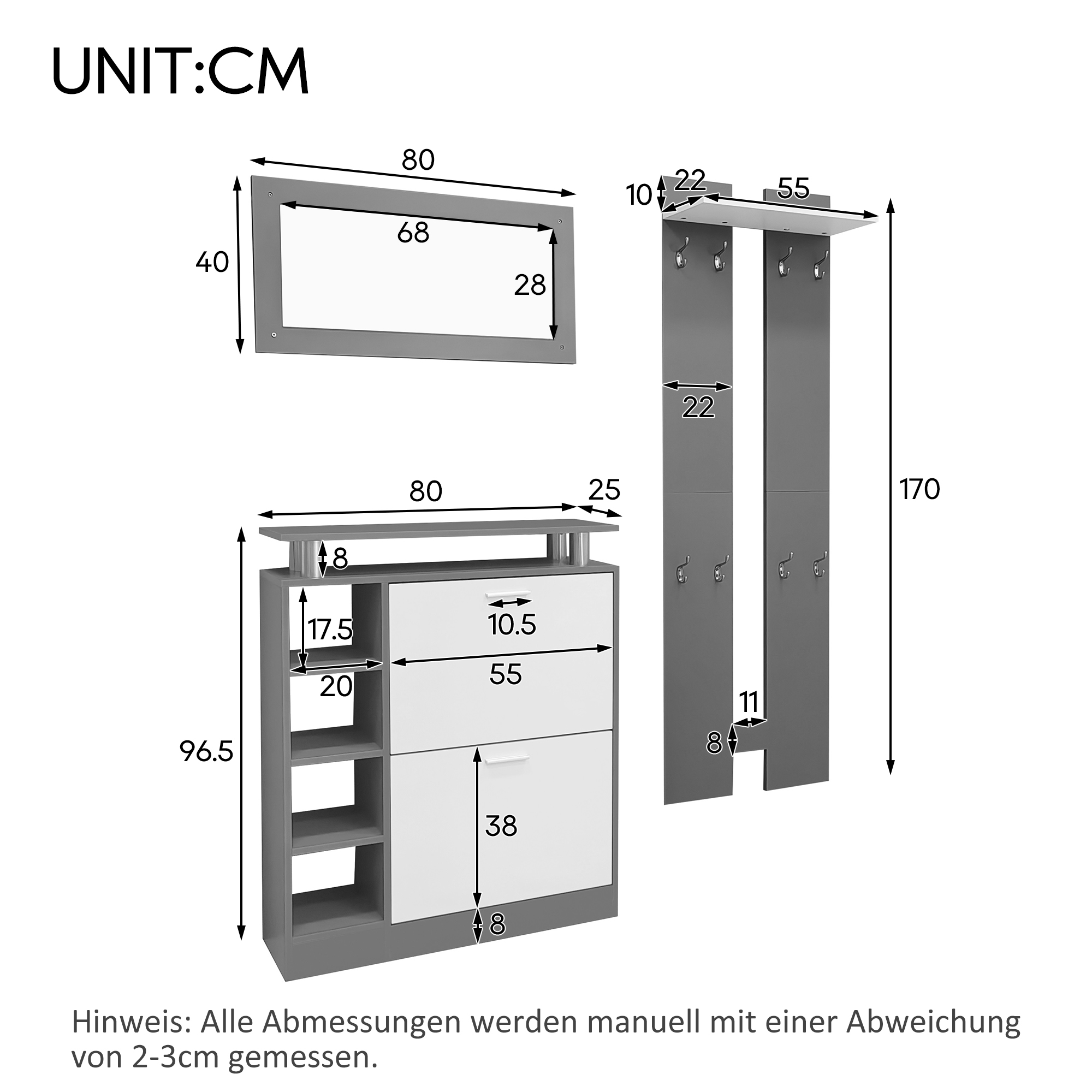 Möbelset-Diagramm mit Abmessungen, einschließlich Spiegel, Garderobe und Schuhaufbewahrung.