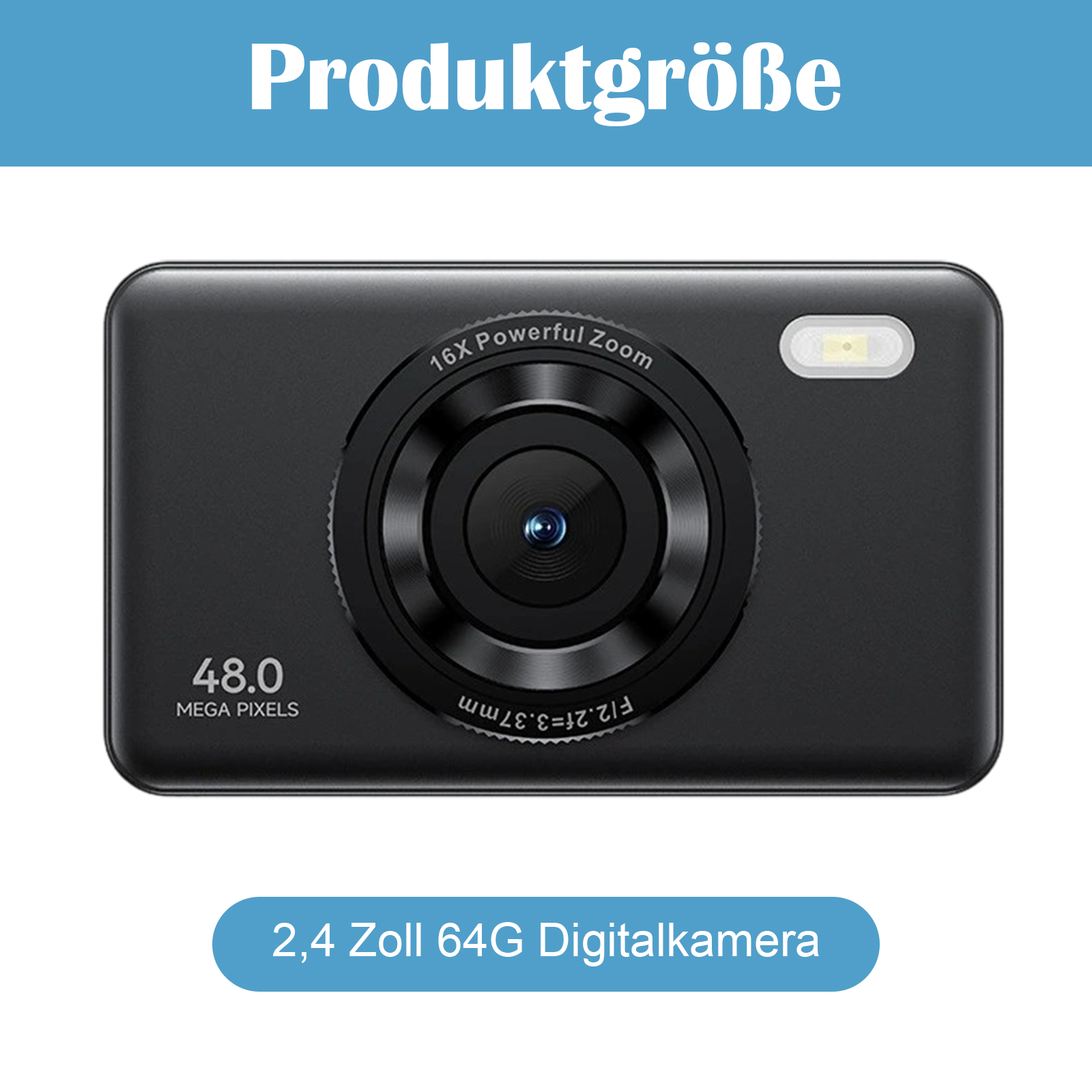 Schwarze Digitalkamera mit Objektiv, 48,0 MP und Textüberlagerung. Produktgrößentext steht oben.
