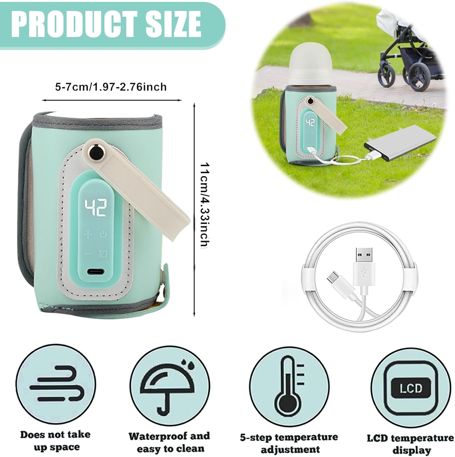 Produktgröße und Babyflaschenwärmer mit Display.