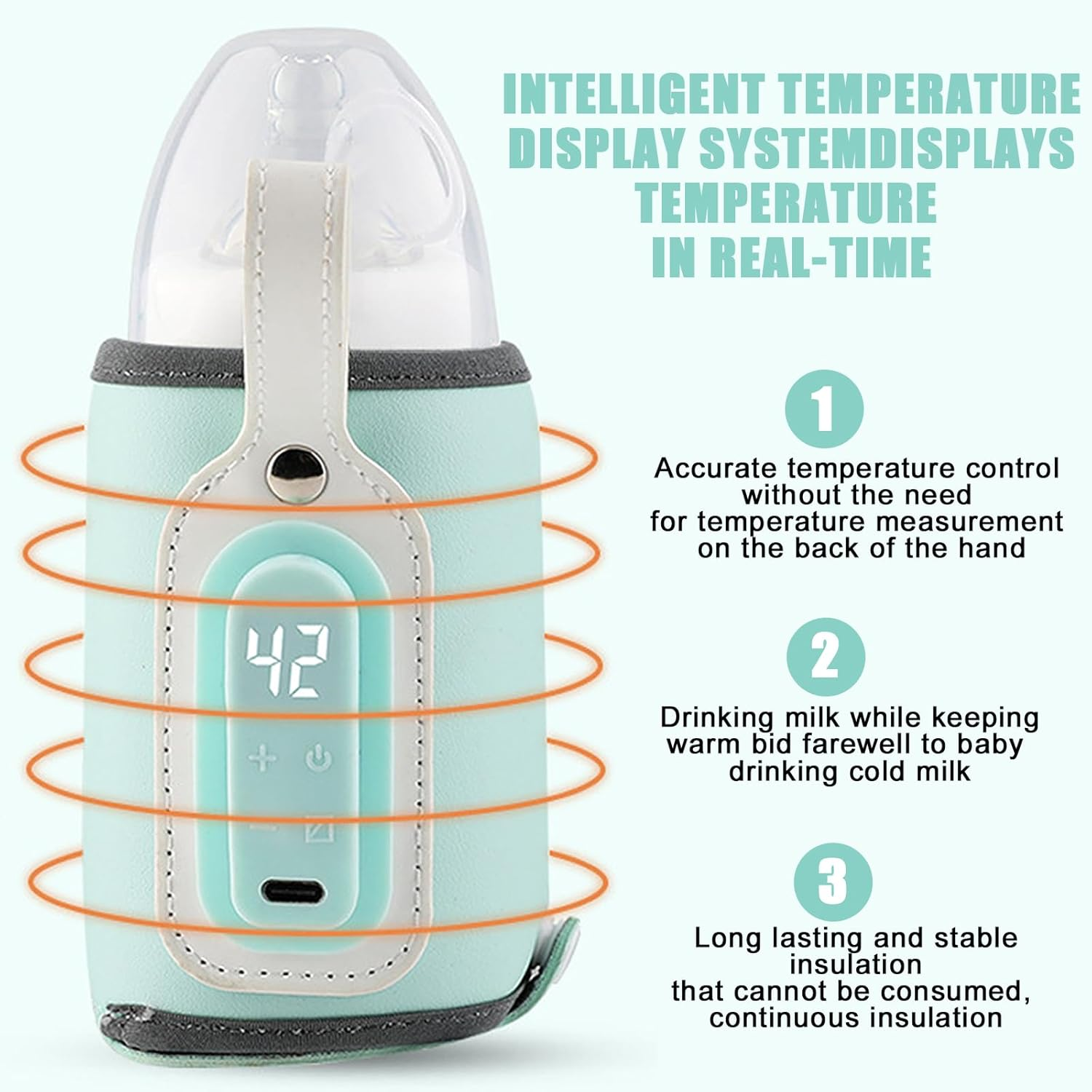 Ein türkisfarbener Babyflaschenwärmer mit einem Bildschirm, der die Temperatur anzeigt, und Text.