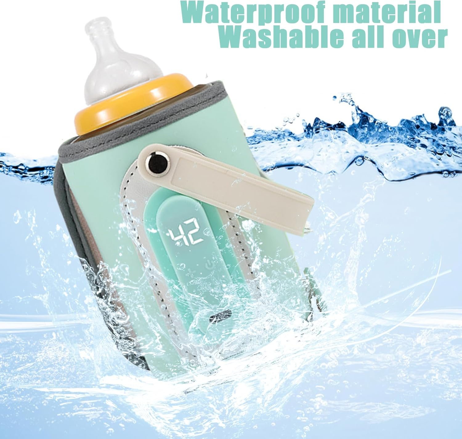 Babyflaschenwärmer mit Flasche, Wasser spritzt.