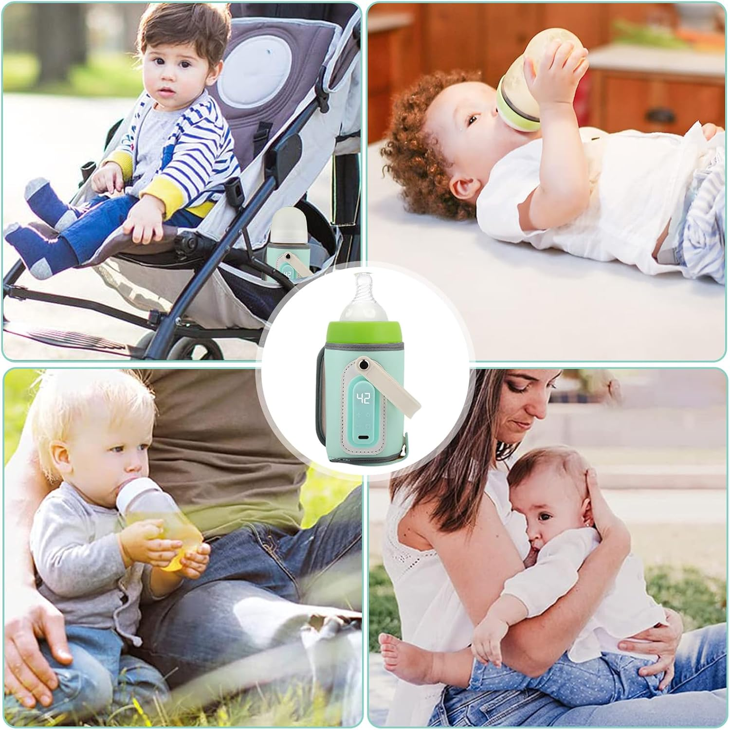 Babys mit Flaschen, mit Flaschenwärmer und Mutter.