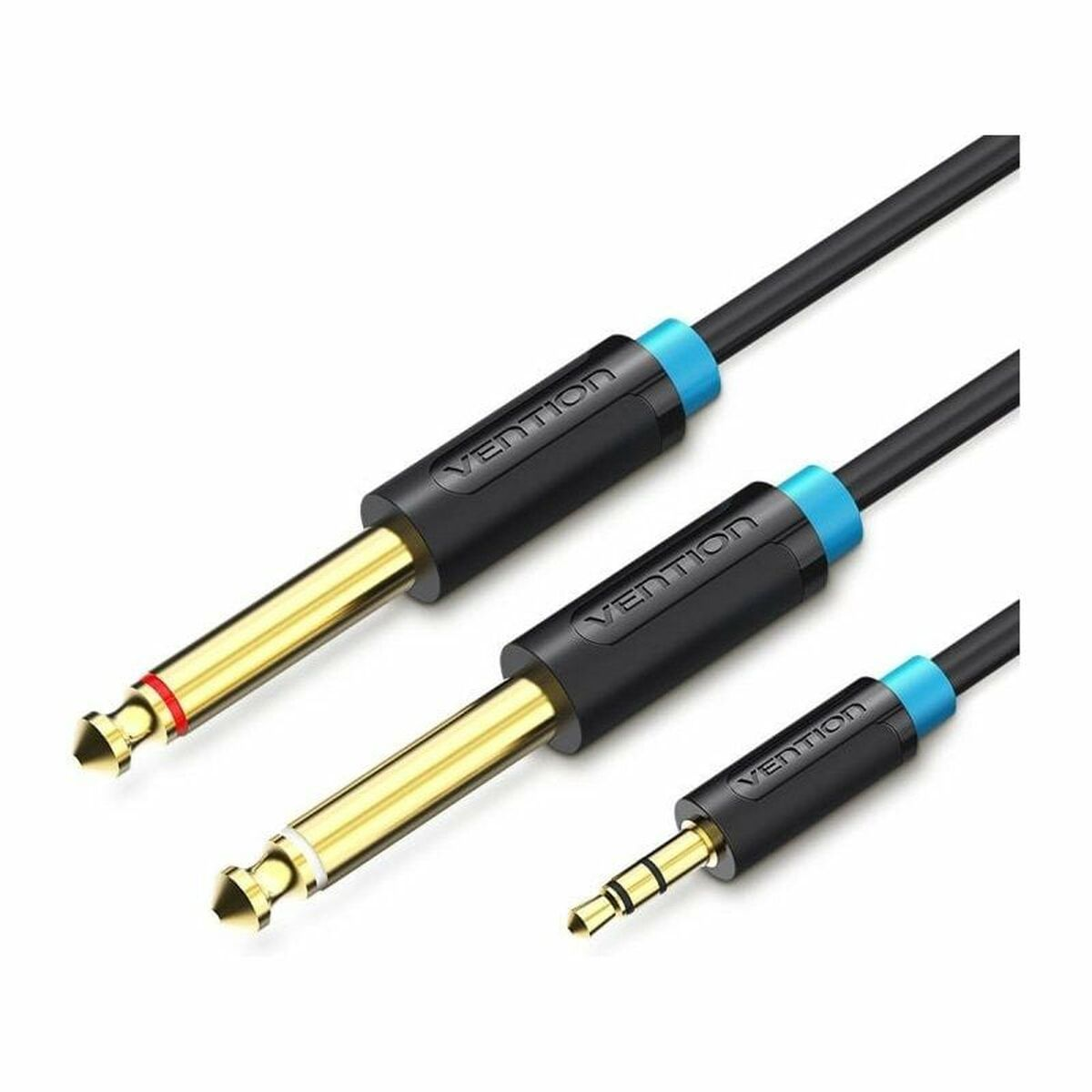 Cavo audio nero con connettori dorati e dettagli blu.