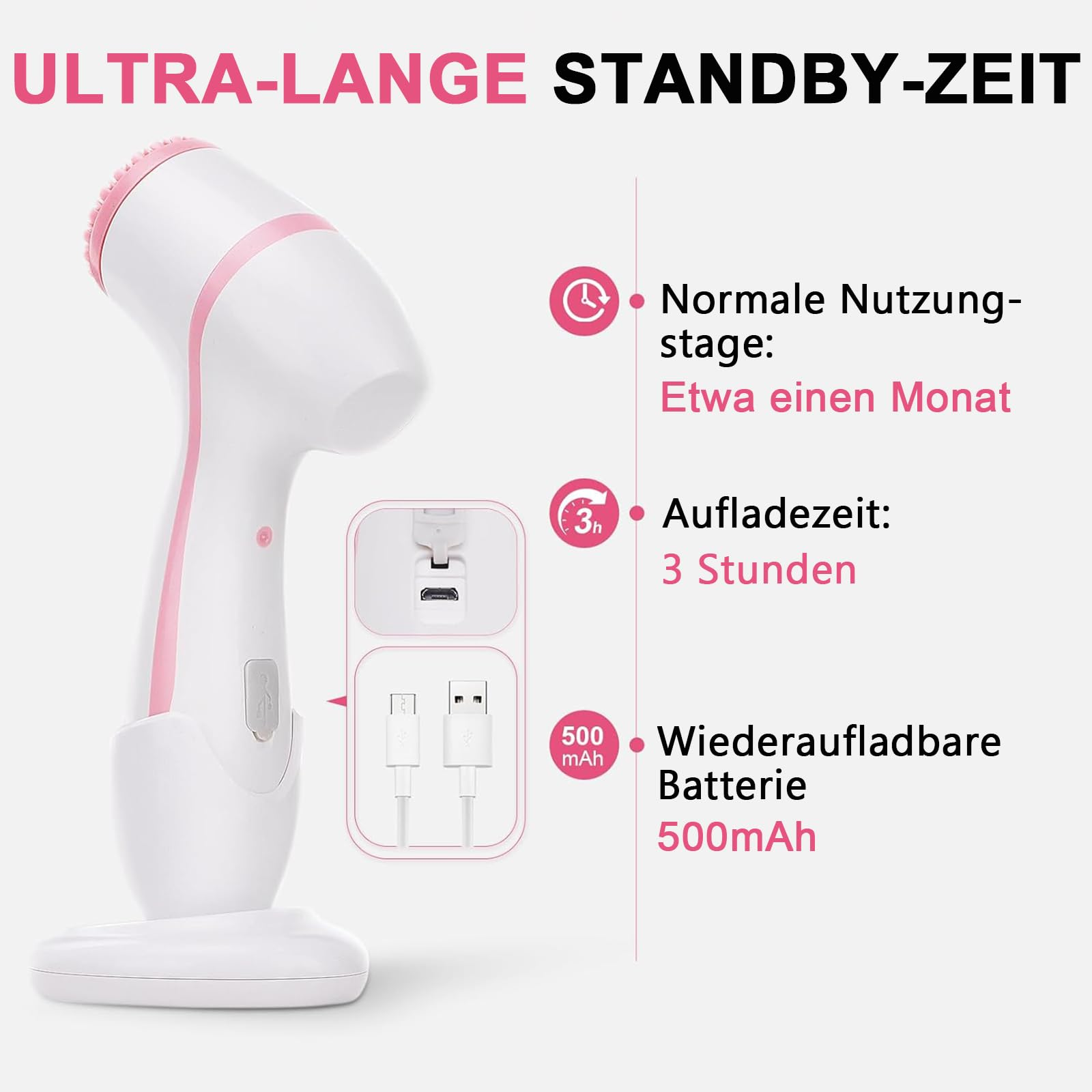 Weiße und rosa Gesichtsbürste mit Text und Symbolen.