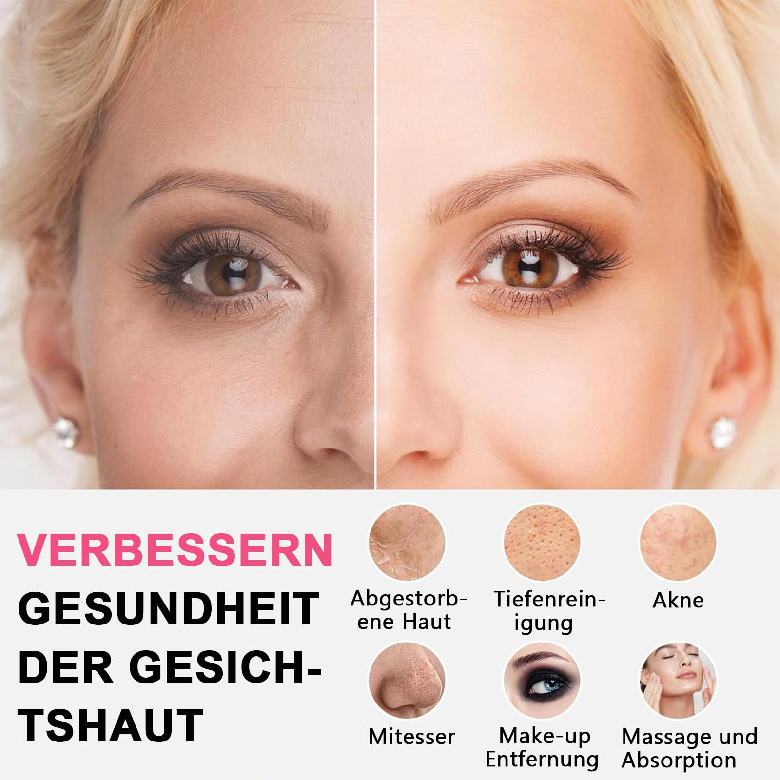 Gesicht einer Frau mit Vorher-Nachher-Bildern, Hervorhebung von Hautverbesserungen: Akne und Tiefenreinigung.