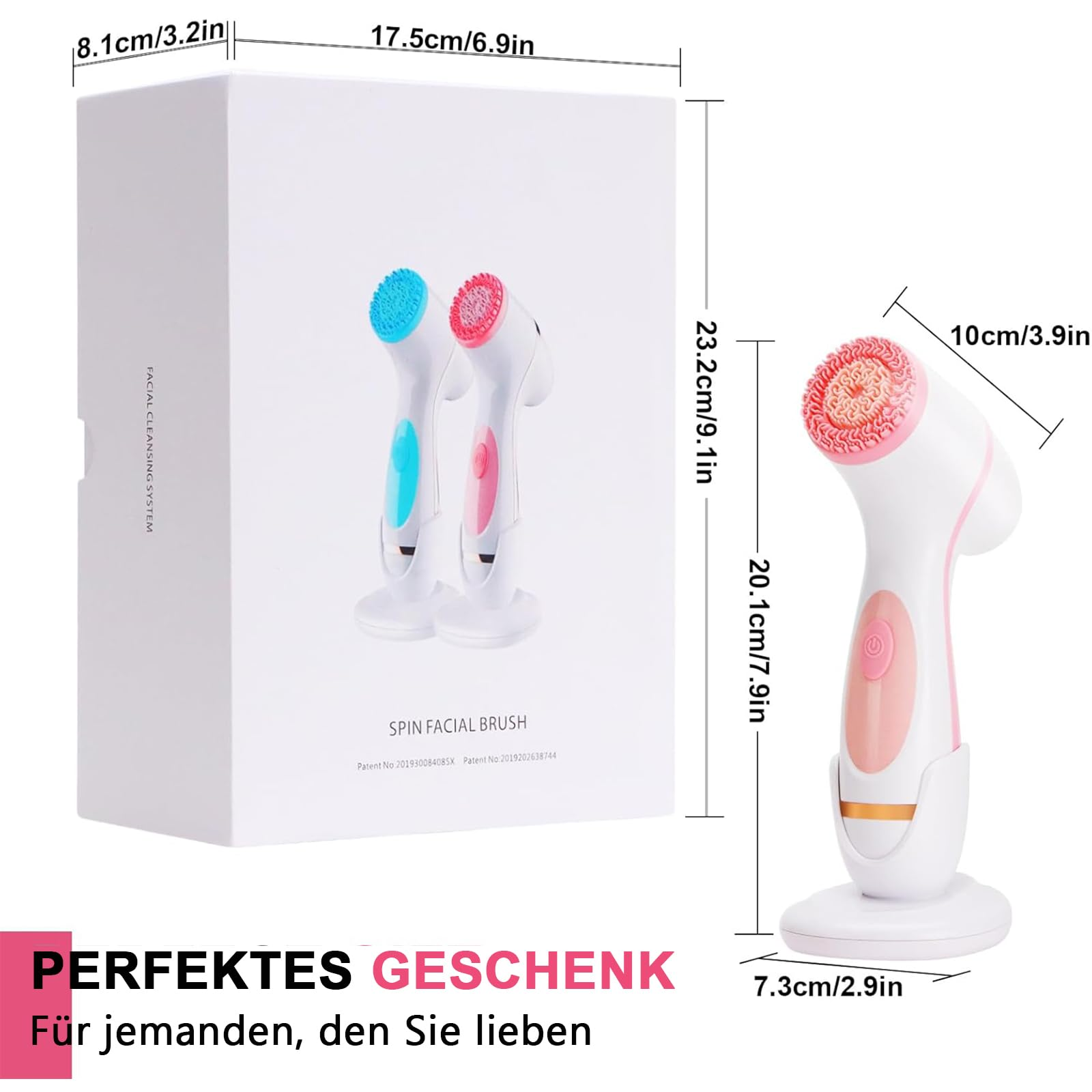 Box mit Gesichtsbürsten, eine rosa und eine blaue, mit Maßen und Text. Weißer Hintergrund.