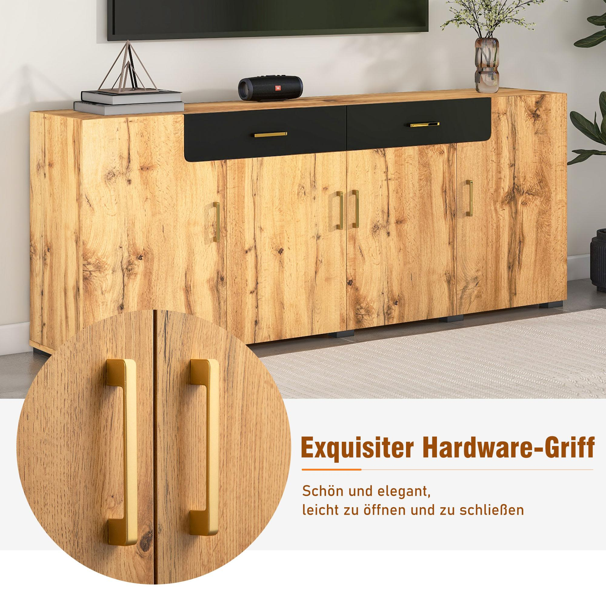 Holzschrank mit goldenen Griffen. Kreisförmiger Einsatz eines Griffs. Text: Exquisiter Hardware-Griff, schön und elegant.